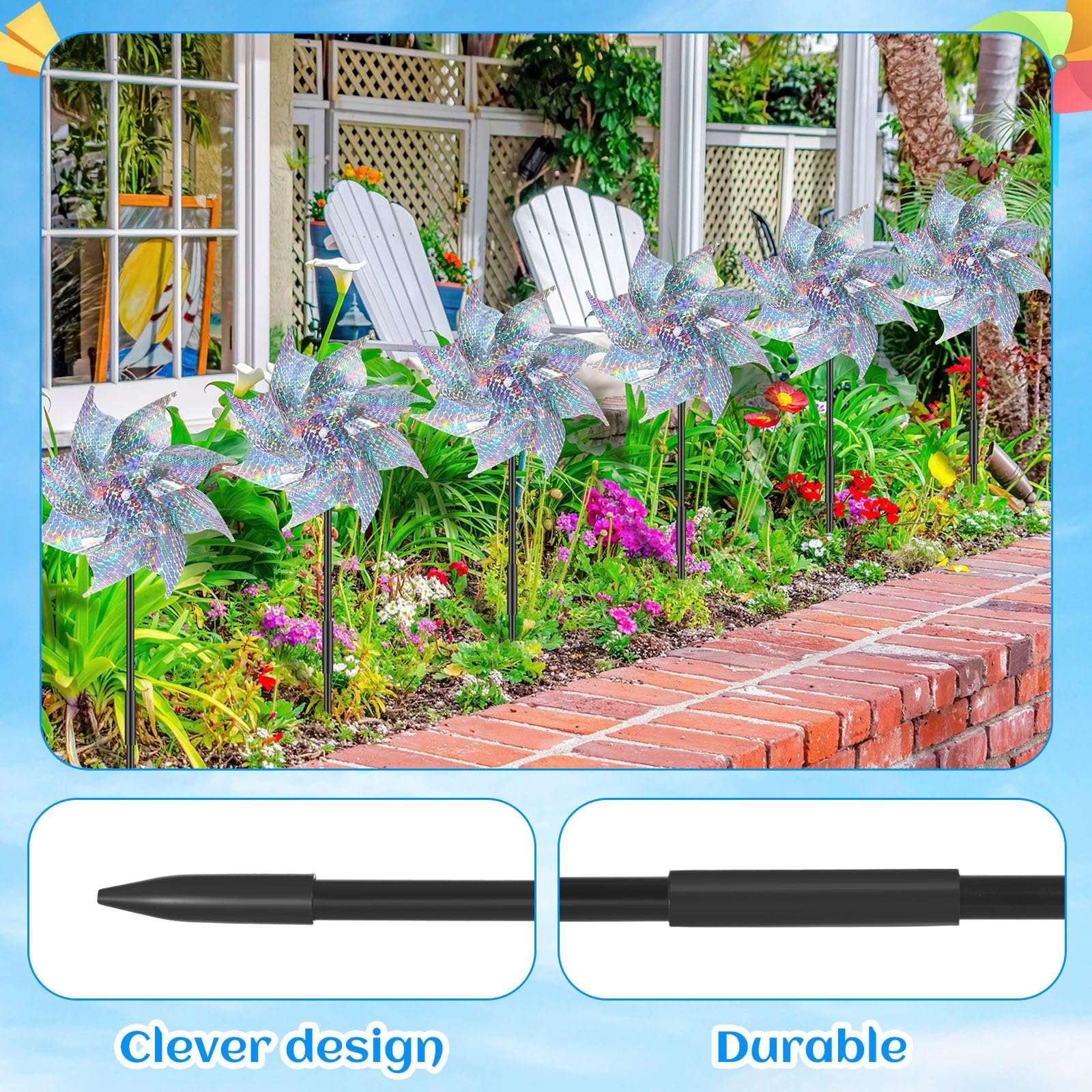 Qualirey 80 Pieces Reflective Pinwheels with Stakes Wind Spinner for Garden Decor Bird Repellent Devices Outdoor Silver Sparkly Windmills to Scare Birds Away from Outside Garden Yard Patio Farm 6