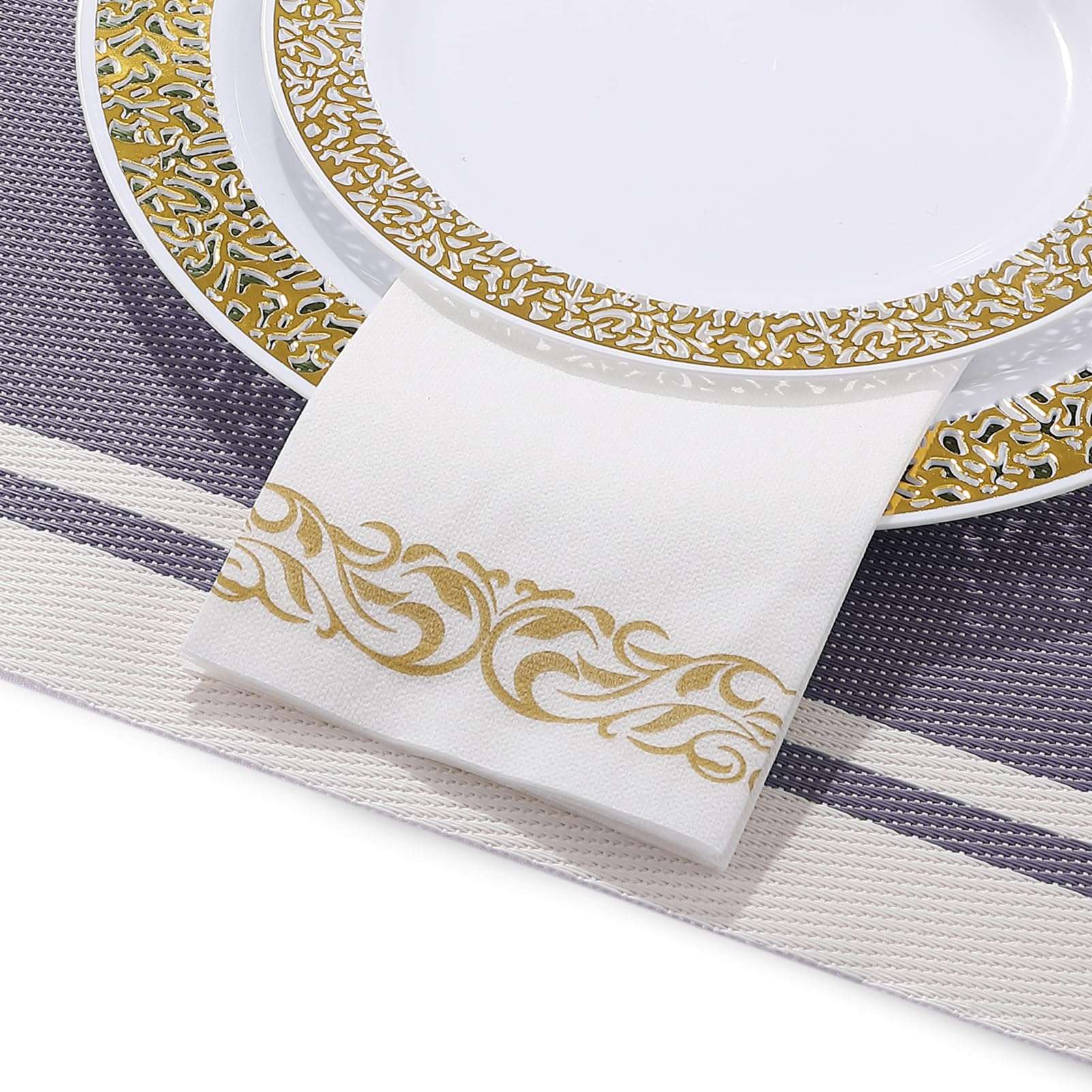 200 Disposable Guest Towels Soft and Absorbent Linen-Feel Paper Hand Towels Durable Decorative Bathroom Hand Napkins Good for Kitchen, Parties, Weddings, Dinners or Events White and Gold 2