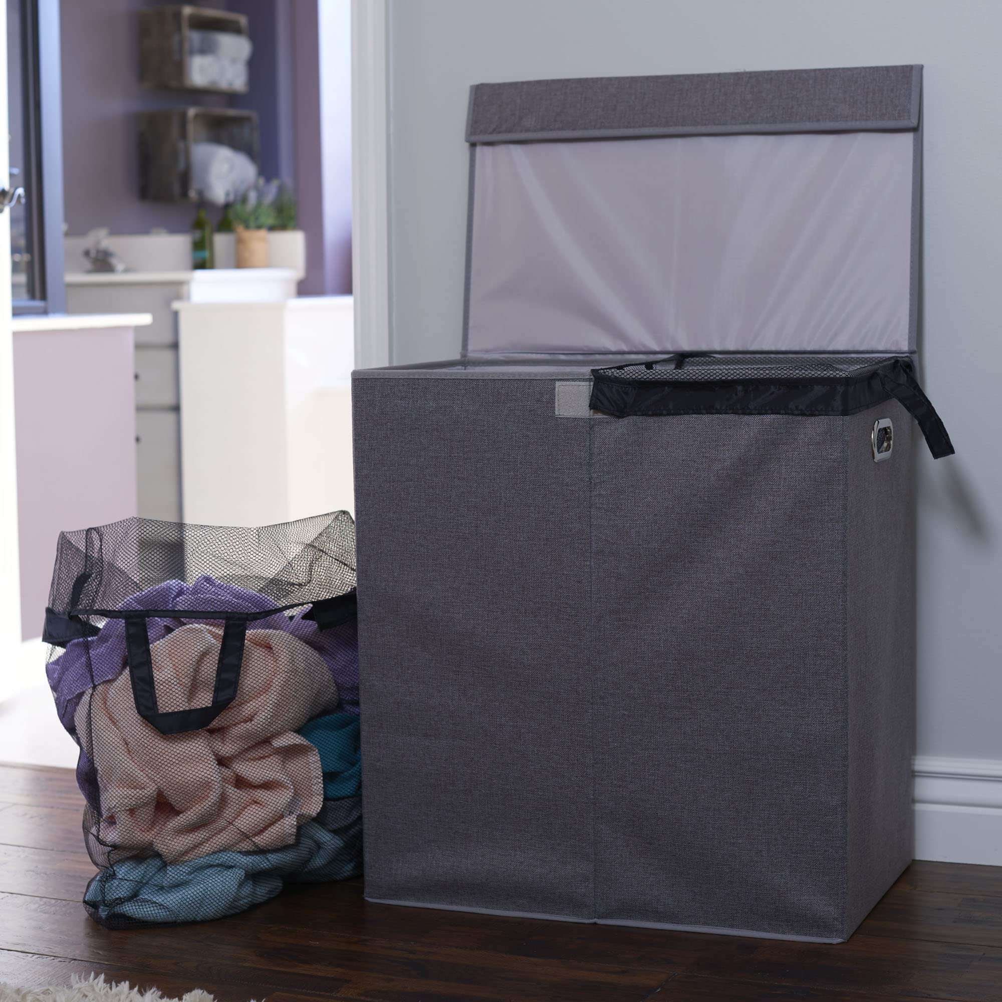 Household Essentials Collapsible Laundry Sorter with Lid, Gray 3