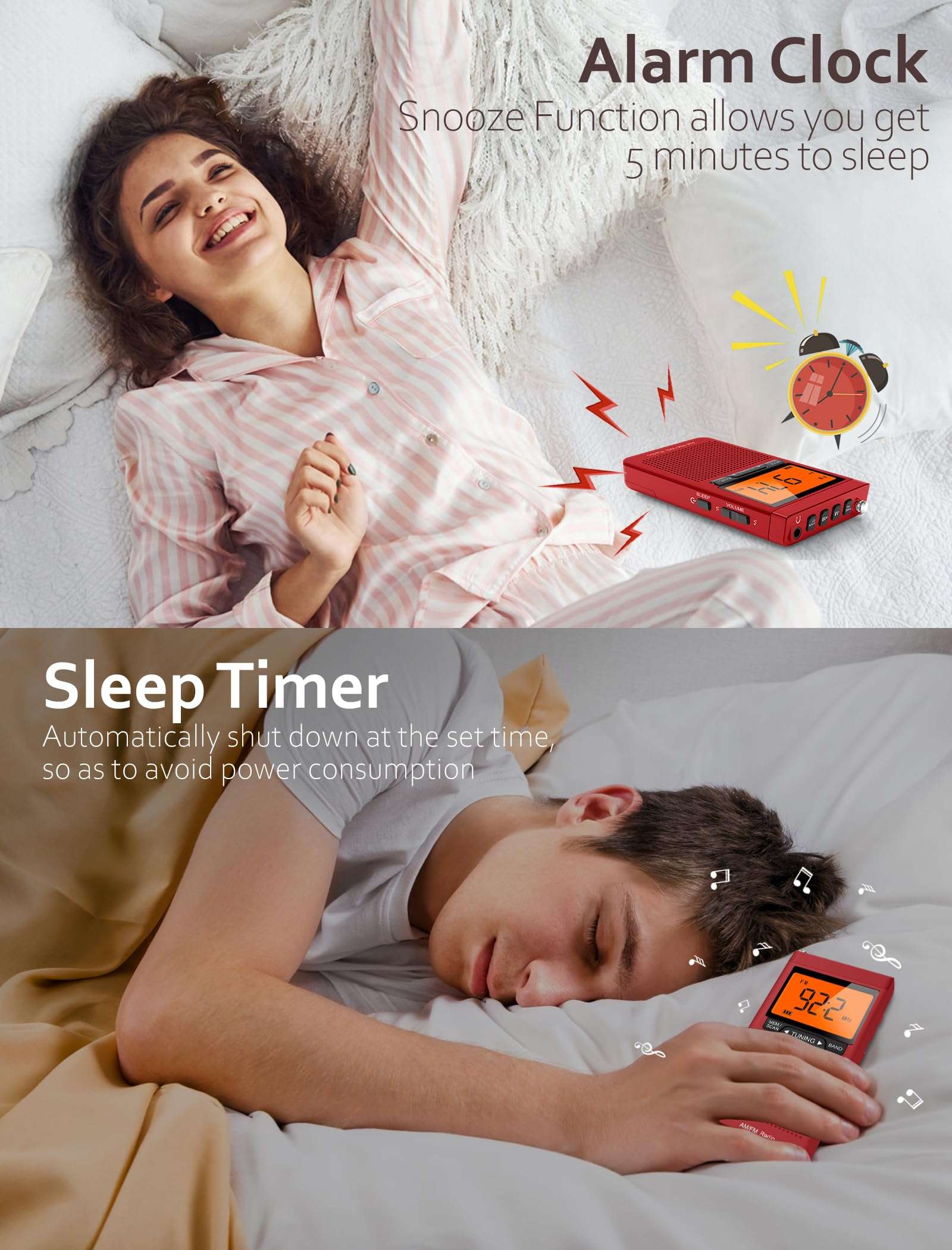 AM FM Radio Portable with Best Reception, Pocket Radio Battery Powered with Stereo Earphone, Digital LCD, Built-in Alarm Clock and Sleep Timer for Indoor & Outdoor and Emergency Use, Gift for Elderly 5