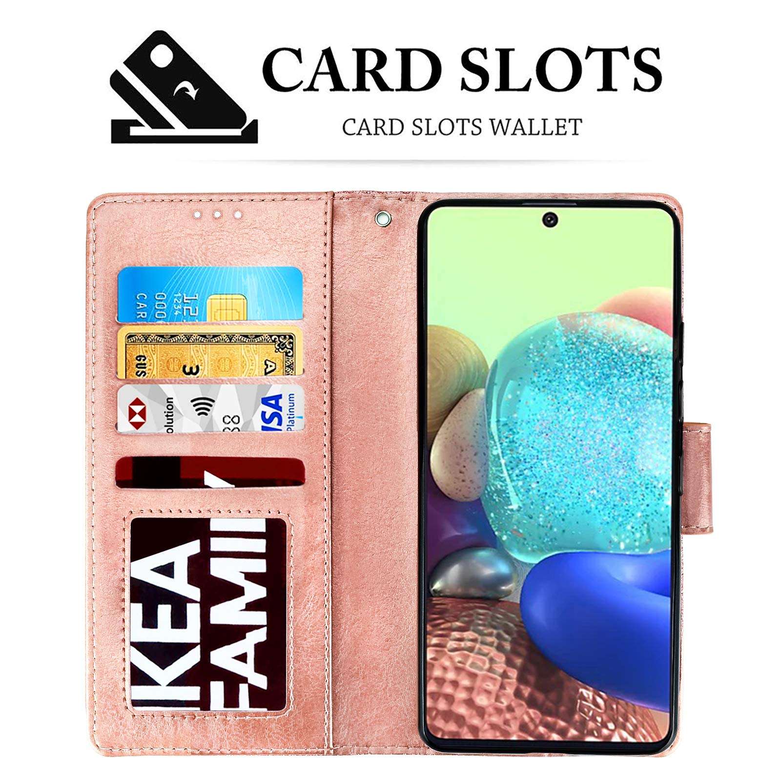 Newseego Compatible with Samsung Galaxy A71 (4G) Leather Case,Glitter Faux PU Leather Magnetic Closure Multi-Credit Card Slot Cash Holder Detachable 2 in 1 Wallet Cover with Wrist Strap-Rose Gold 2