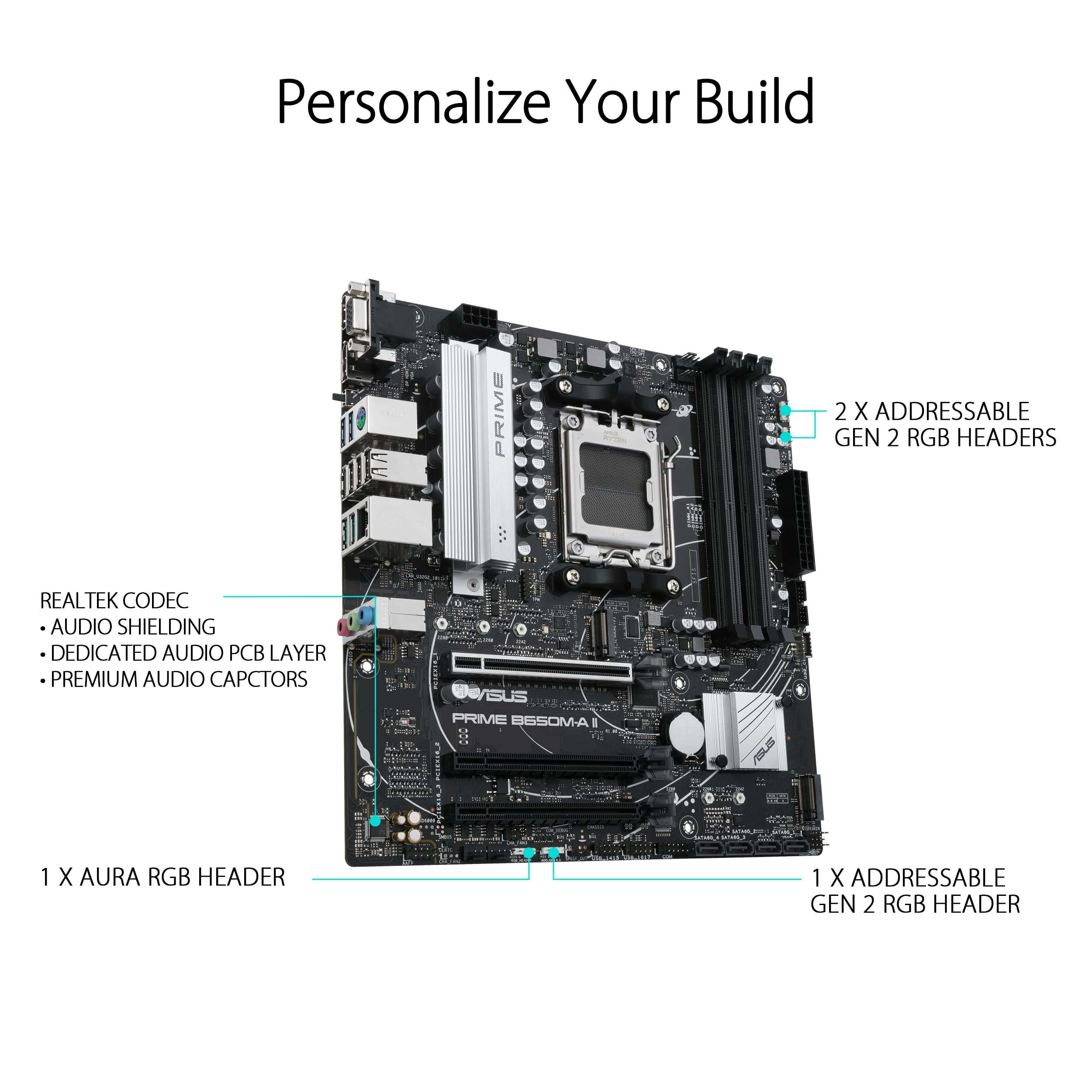 ASUS PRIME-B650M-A-II AMD AM5 Micro-ATX Motherboard for Ryzen 7000 Series Desktop Processors with DDR5, PCIe 5.0 M.2, 2.5Gb Ethernet, DisplayPort, HDMI, VGA, Front USB 3.2 Gen 1 Type-C, & Arua Sync 6