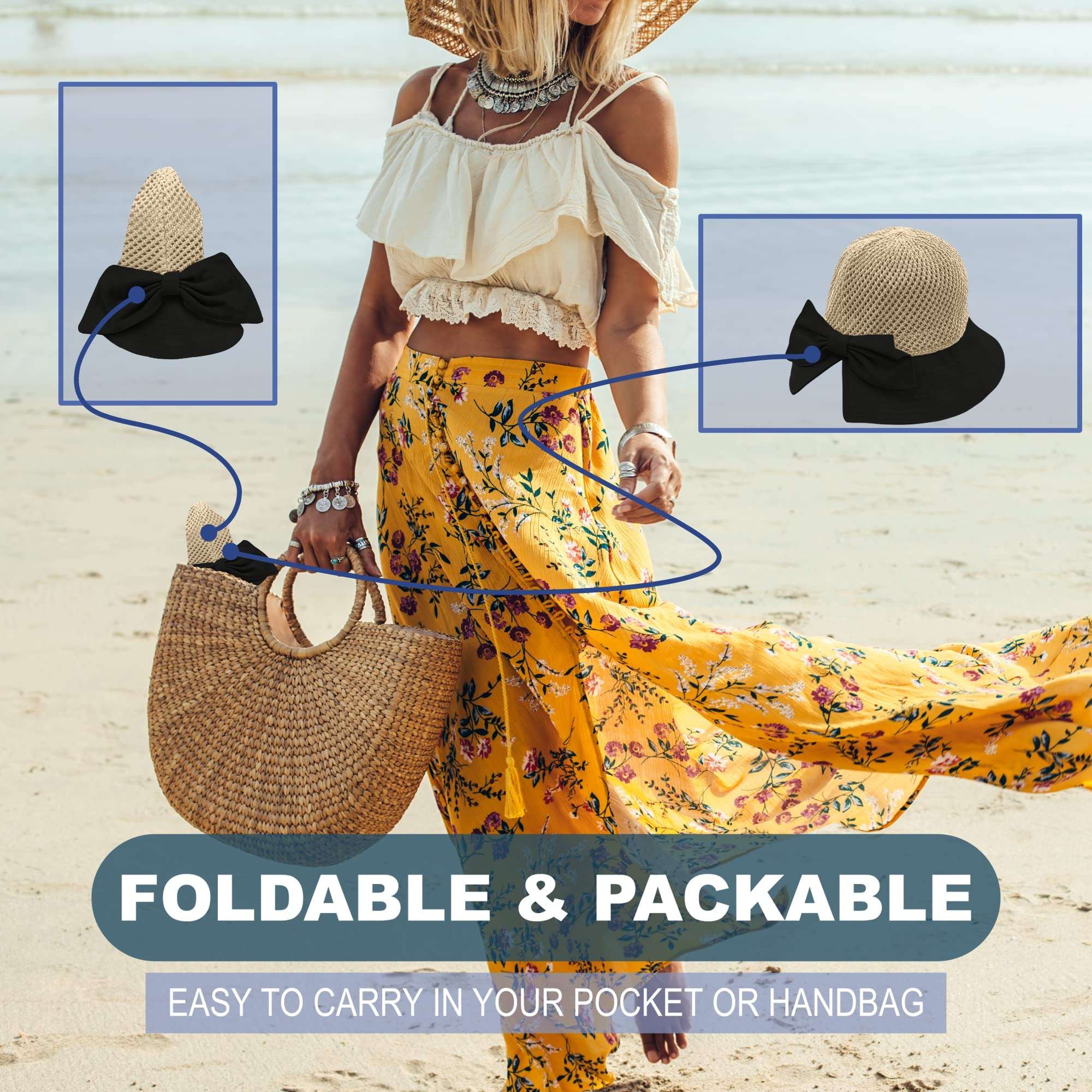 Straw Sun Summer Hat for Women, Female Wide Brim UPF 50+ UV Protection Bowknot Cap, Stylish Braid Visor, Ladies Foldable Roll Up Packable Floppy Beach Hat with Windproof Chin Strap, Black/Beige 6