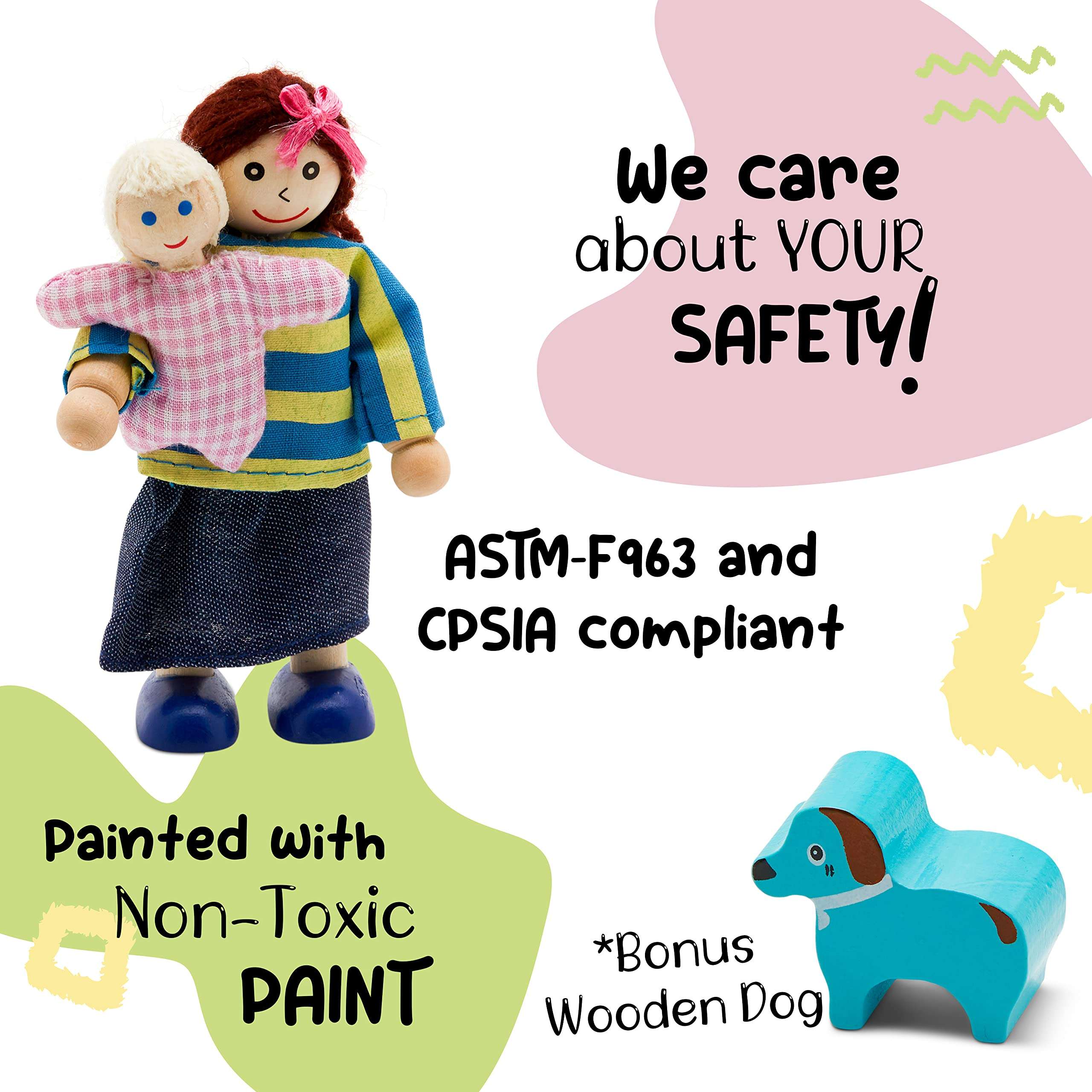 Wooden Dollhouse Family Set - 8 Piece Kit with Mom, Dad, Grandparents, Children, Baby and Dog – 100% Natural Wood, Nontoxic Paint, Smooth Edges 4