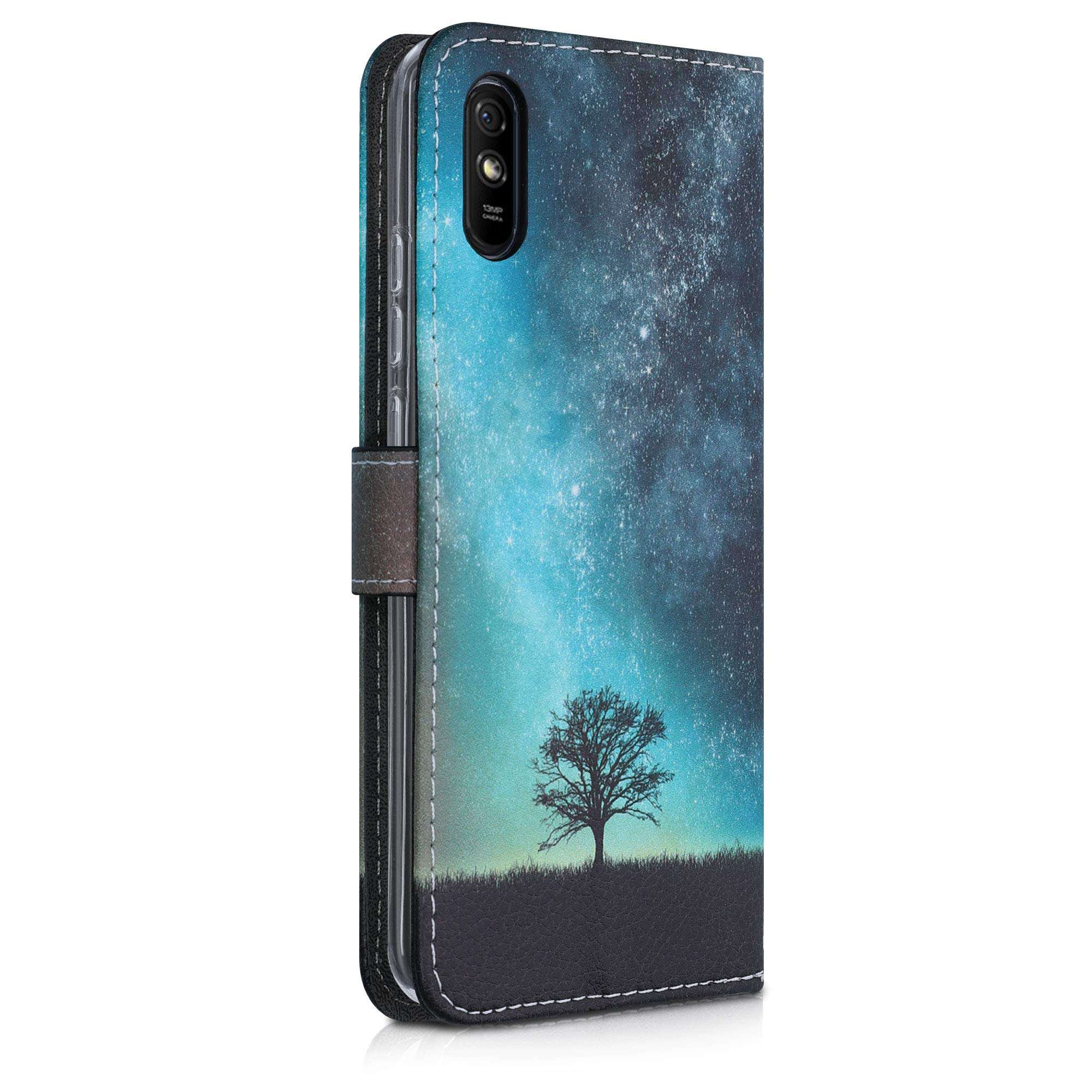 kwmobile Wallet Case Compatible with Xiaomi Redmi 9A - Case Faux Leather Cover - Cosmic Nature Blue/Grey/Black 3