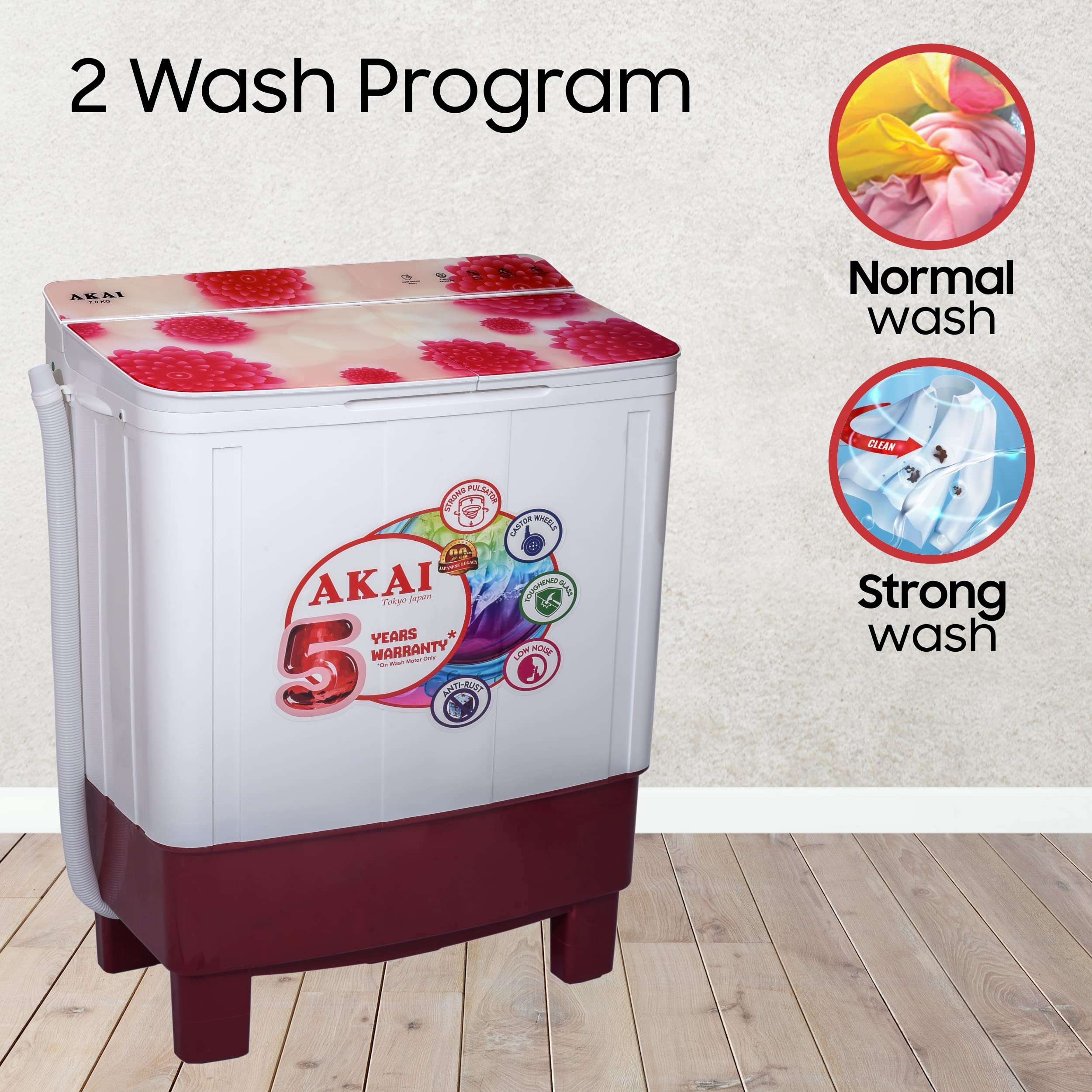 Akai 7 kg Semi-Automatic Top Loading Washing Machine (AKSA-70CRFG, Red, Toughened Glass Lids) 2
