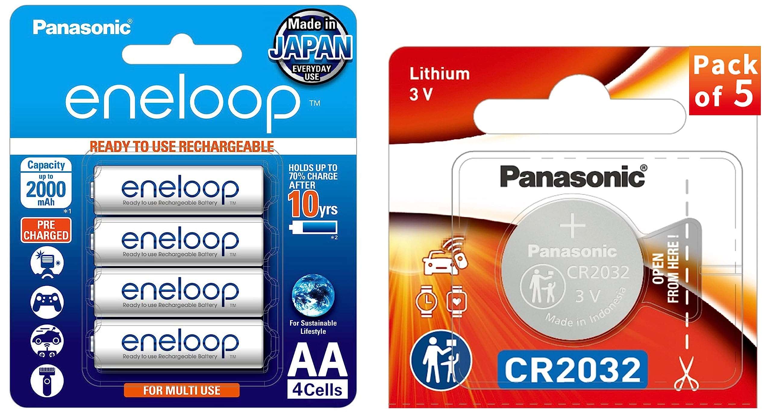 Panasonic Eneloop Ni Mh Aa Rechargeable Battery,Low Self Discharge && CR-2032 Lithium Coin Battery 3v - Pack of 5 Provide Long Lasting Power in a Variety of Devices,from keyless-Entry fobs to Toys