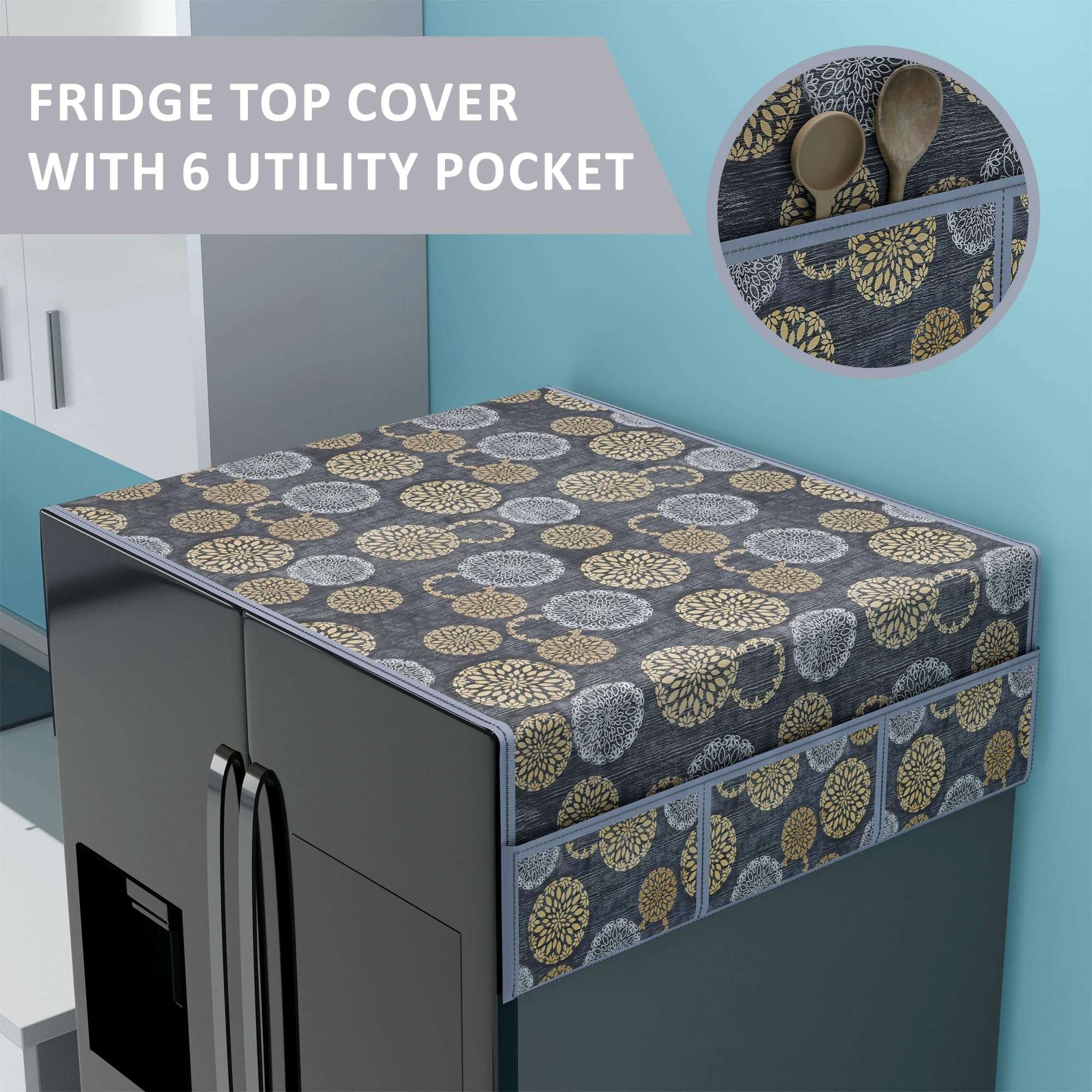 Kuber Industries Combo of 2 Wipeable & Dustproof XL Size Double Door Fridge Top Cover With Handle Cover | Easy To Clean Refrigerator Cover for Home | Rangoli Print- Black 5