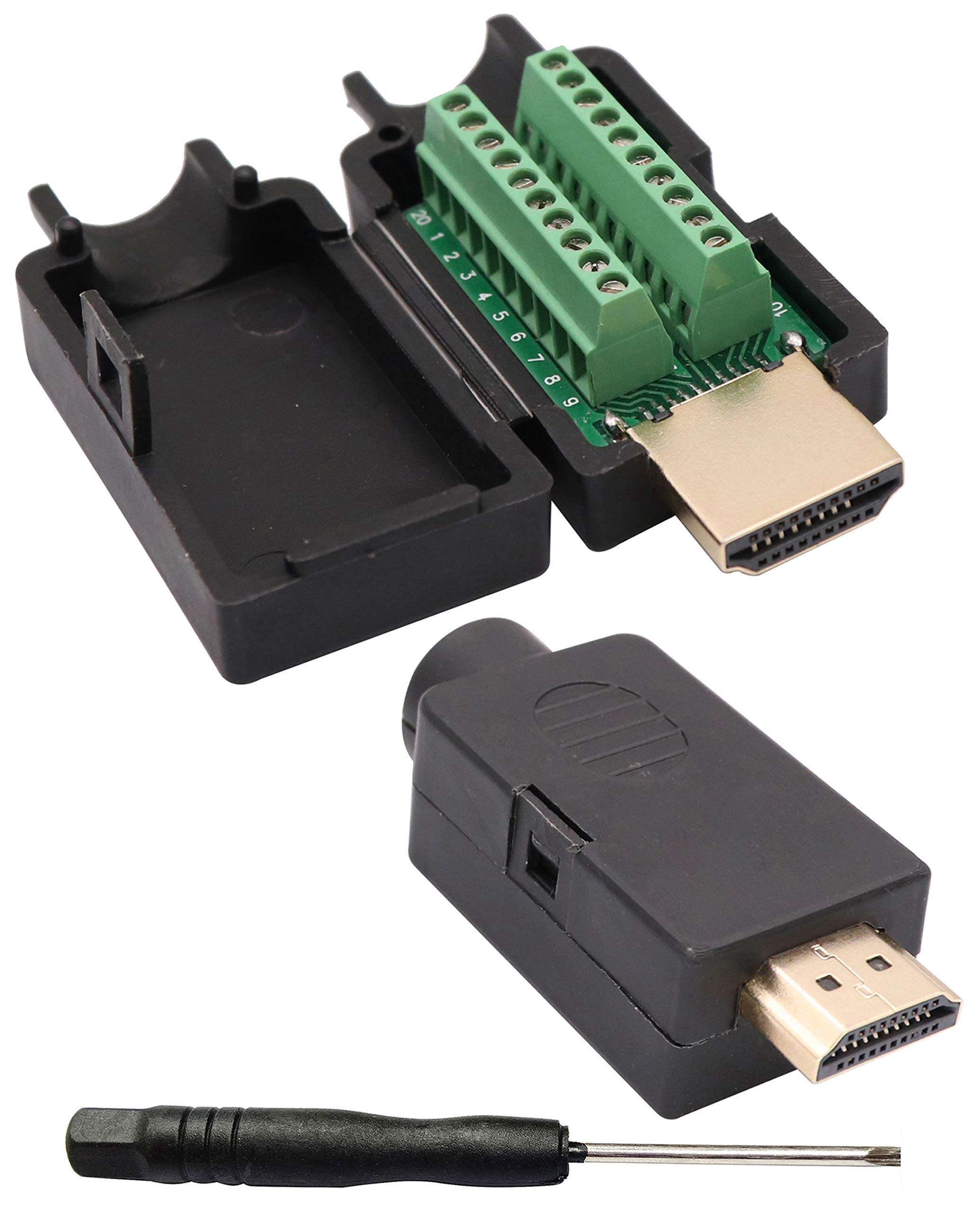 AAOTOKK HDMI Screw Terminal Block Adapter Gold Plated HDMI Male to 20 Pin/Way Female Solderless Terminal Breakout Board Connector Signal Module with case (2Pcak/Male) 1