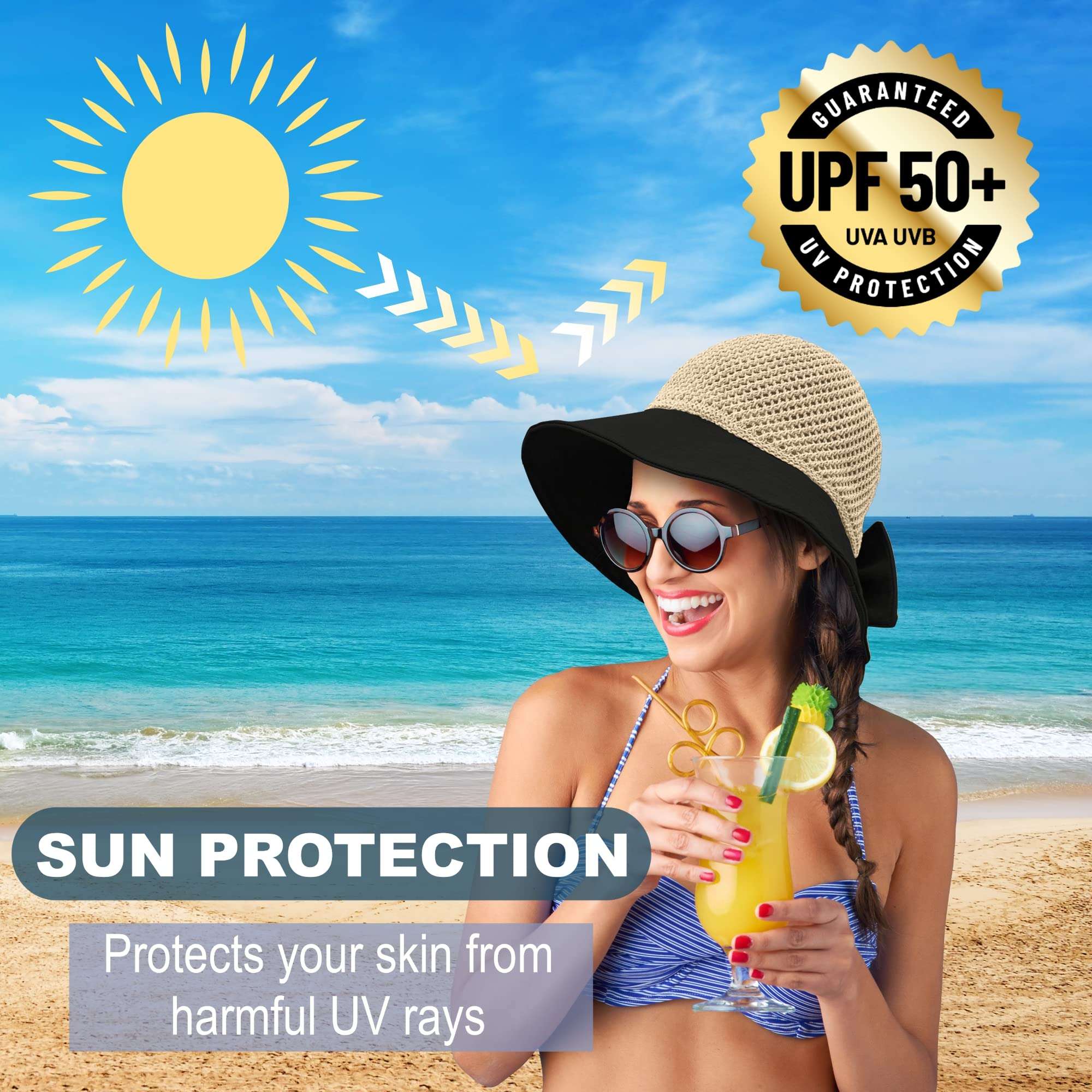 Straw Sun Summer Hat for Women, Female Wide Brim UPF 50+ UV Protection Bowknot Cap, Stylish Braid Visor, Ladies Foldable Roll Up Packable Floppy Beach Hat with Windproof Chin Strap, Black/Beige 4