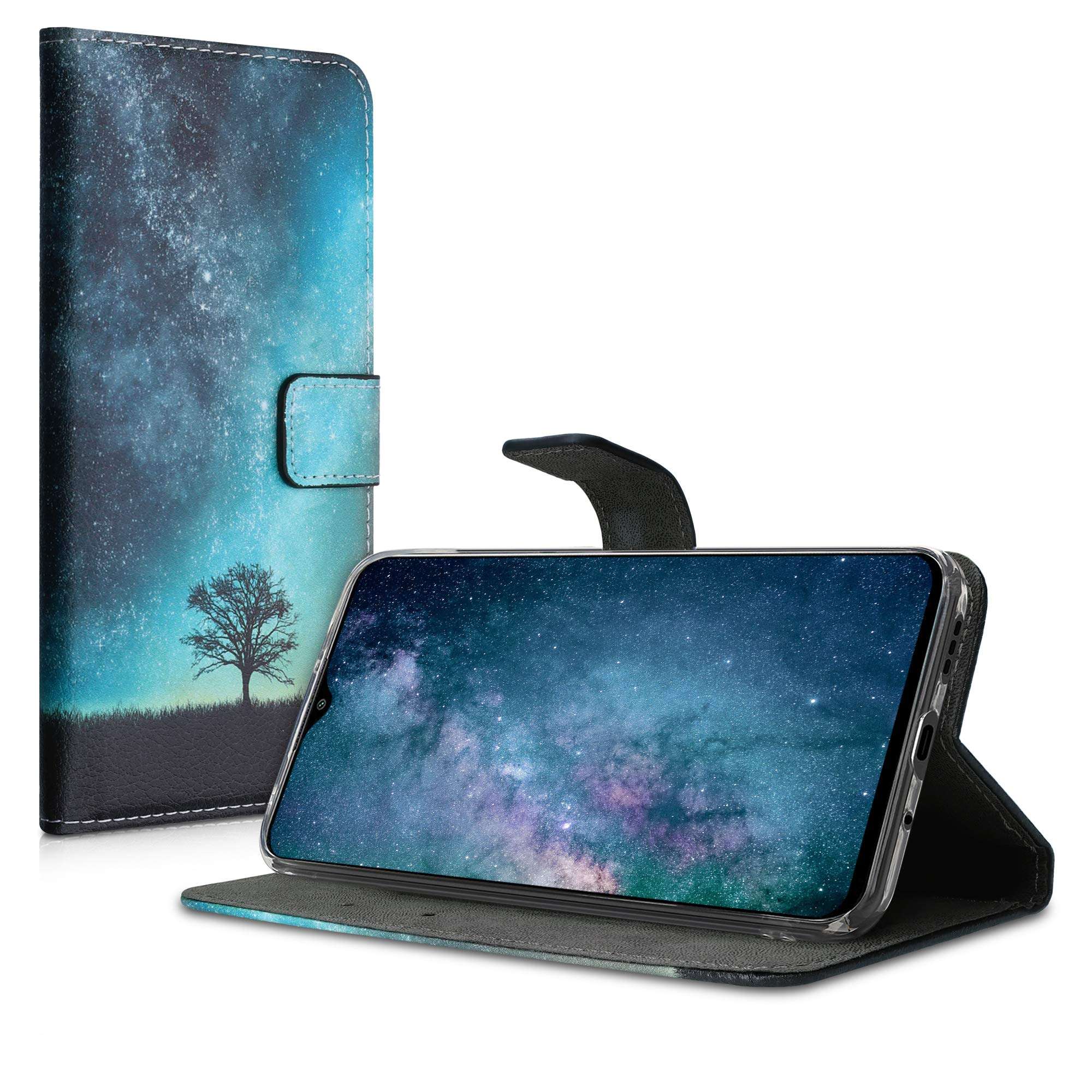 kwmobile Wallet Case Compatible with Xiaomi Redmi 9A - Case Faux Leather Cover - Cosmic Nature Blue/Grey/Black 5