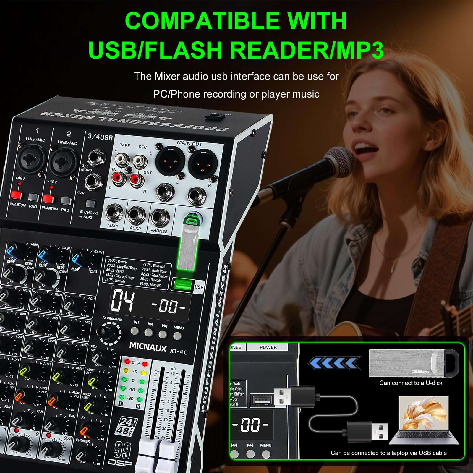 MICNAUX Audio Mixer 4 Channel Professional Sound Mixer Console with 99 DSP Effects, Small Mixing Board DJ Mixer w/USB, Bluetooth, 48V Power Supply, PAD Button for Recording Karaoke PA Drum Live Music 4