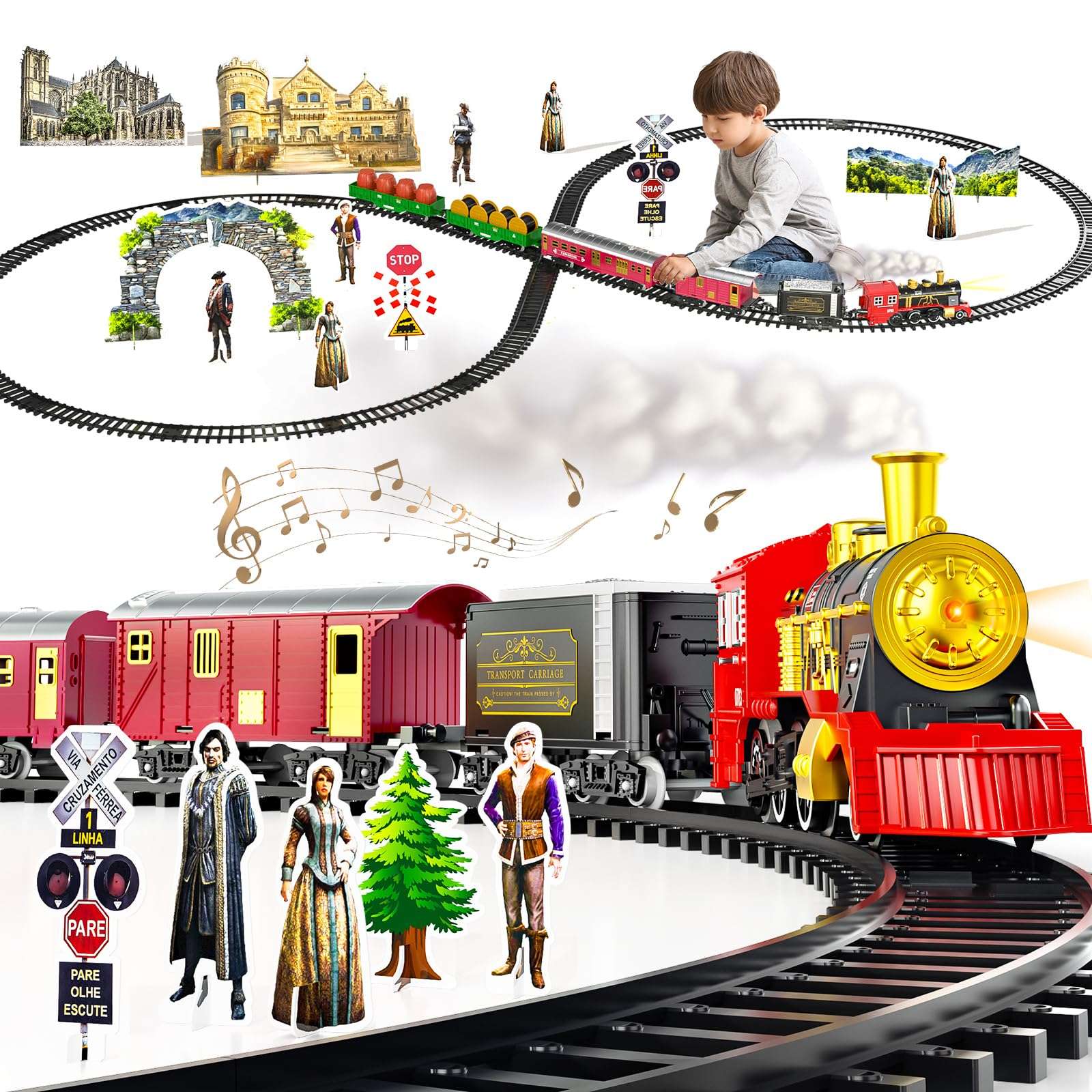 Locomoto Train Set - Train Toys for Boys Girls w/Smoke, Light & Sounds, Railway Kits, Toy Train w/Steam Locomotive Engine, Carriages, Cargo Car & Tracks, for 3 4 5 6 7+ Year Old Kids 1