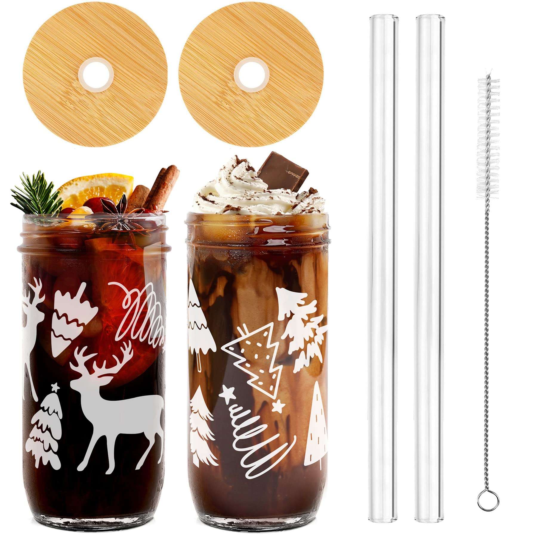 ANOTION Useful White Elephant Gifts for Adults Holiday 24oz Christmas Mugs Mason Jars Glass Cups with Lid and Straw Tumbler Drinking Glasses Coffee Cups Cookie Jar Glassware Gift for Women Men Mom 1