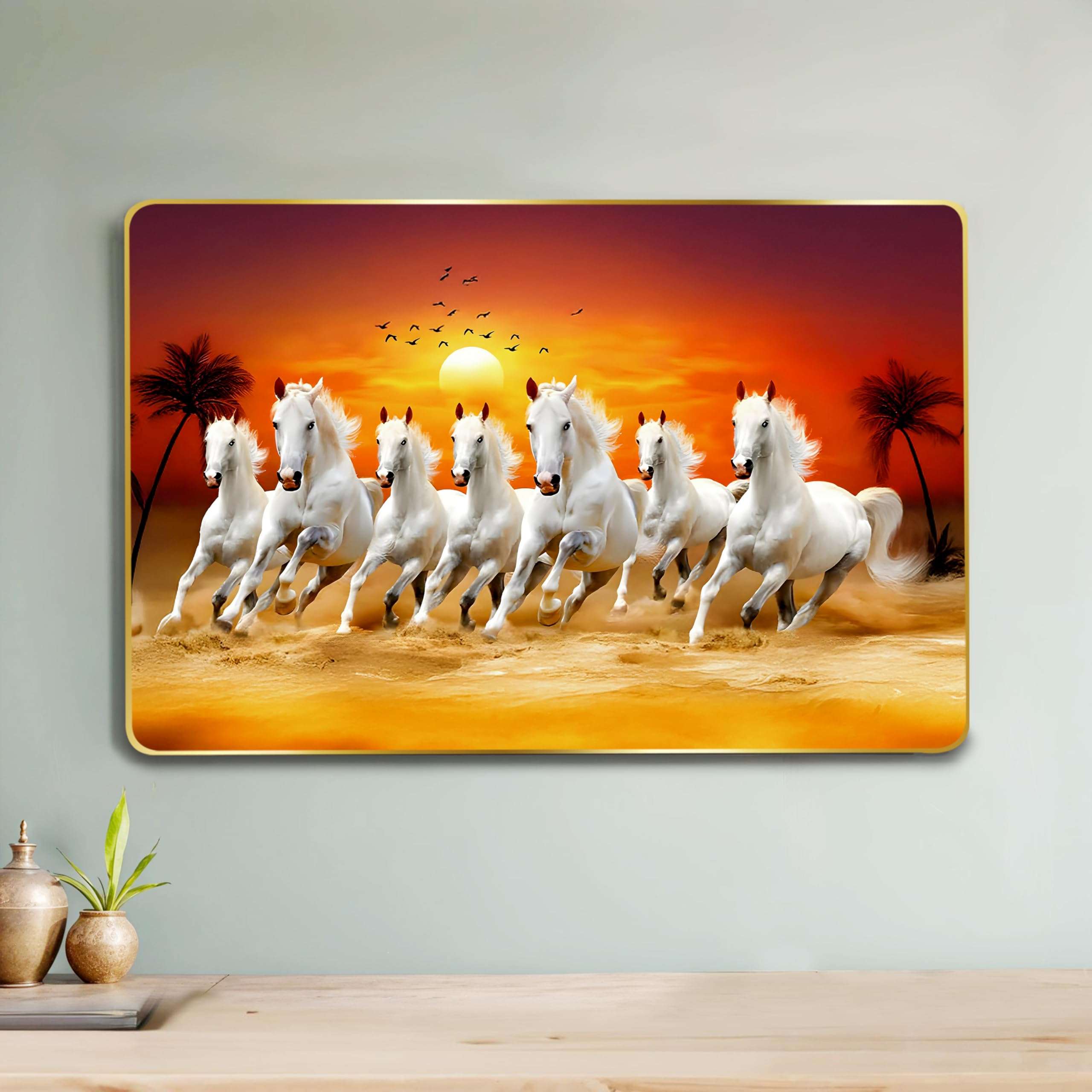Rousrie 7 Horses Realistic Painting With Frame For Wall Vastu | Seven Running Horse Painting For Wall Decor Living Room Decoration | Big Size Photo Frame 47 by 32 cm (18.5 X12.5 Inch) 1