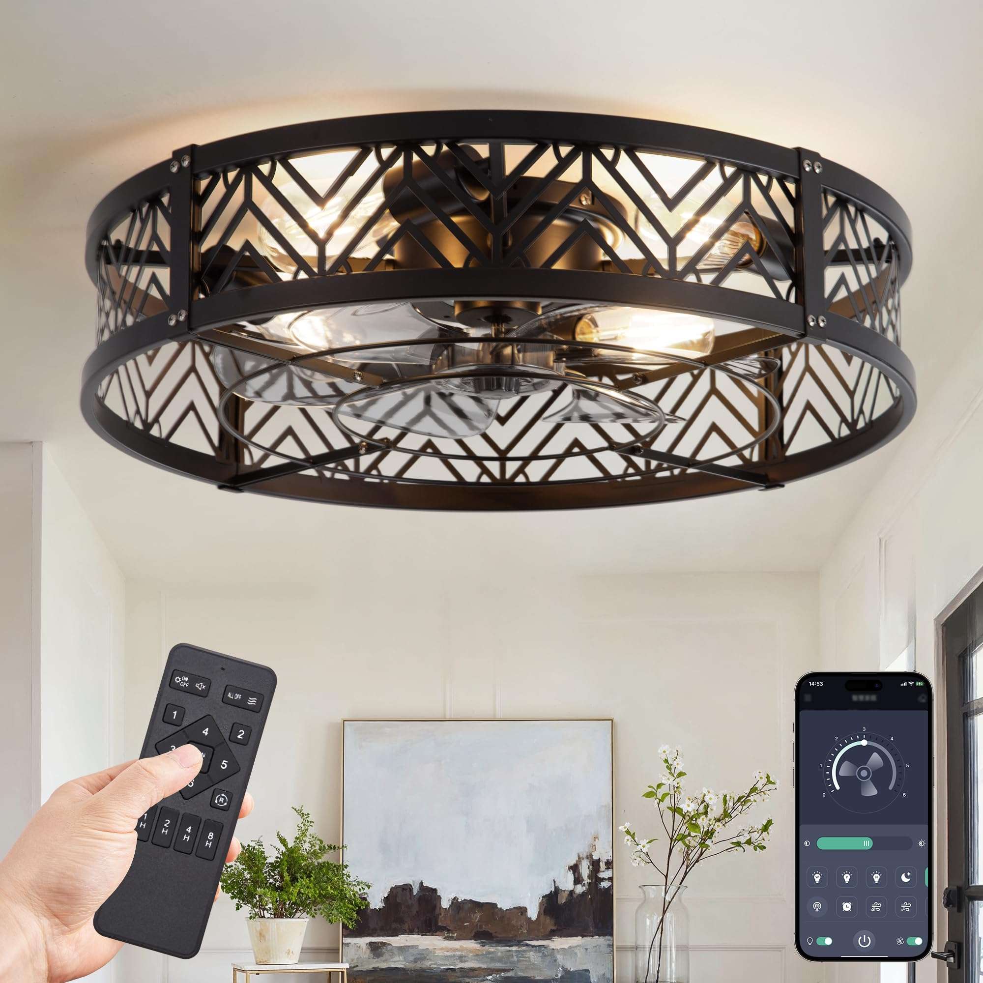 LEDIARY 23" Caged Ceiling Fan with Light, Large Flush Mount, App&Remote Control, Low Profile Bladeless Fan Light Fixture 6 Speed, Reversible and Quiet Motor-Black 1
