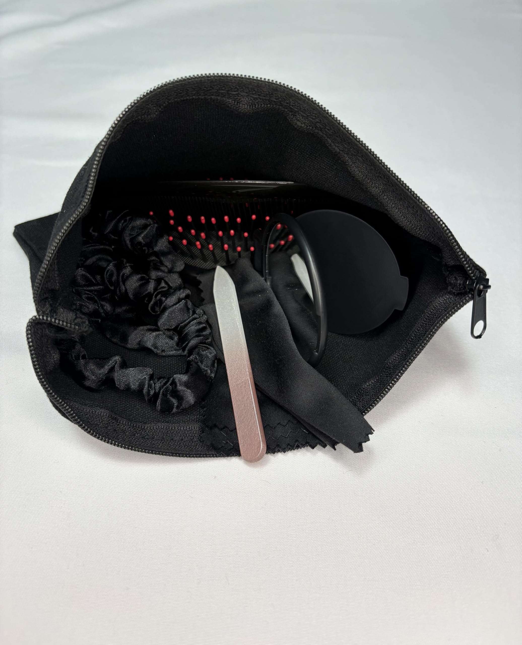 Purse Essentials Kit for Women – 8 Piece Travel Hair & Grooming Set with Compact Mirror, Mini Brush, Comb, Nail File, Scrunchies & Cosmetic Pouch 3