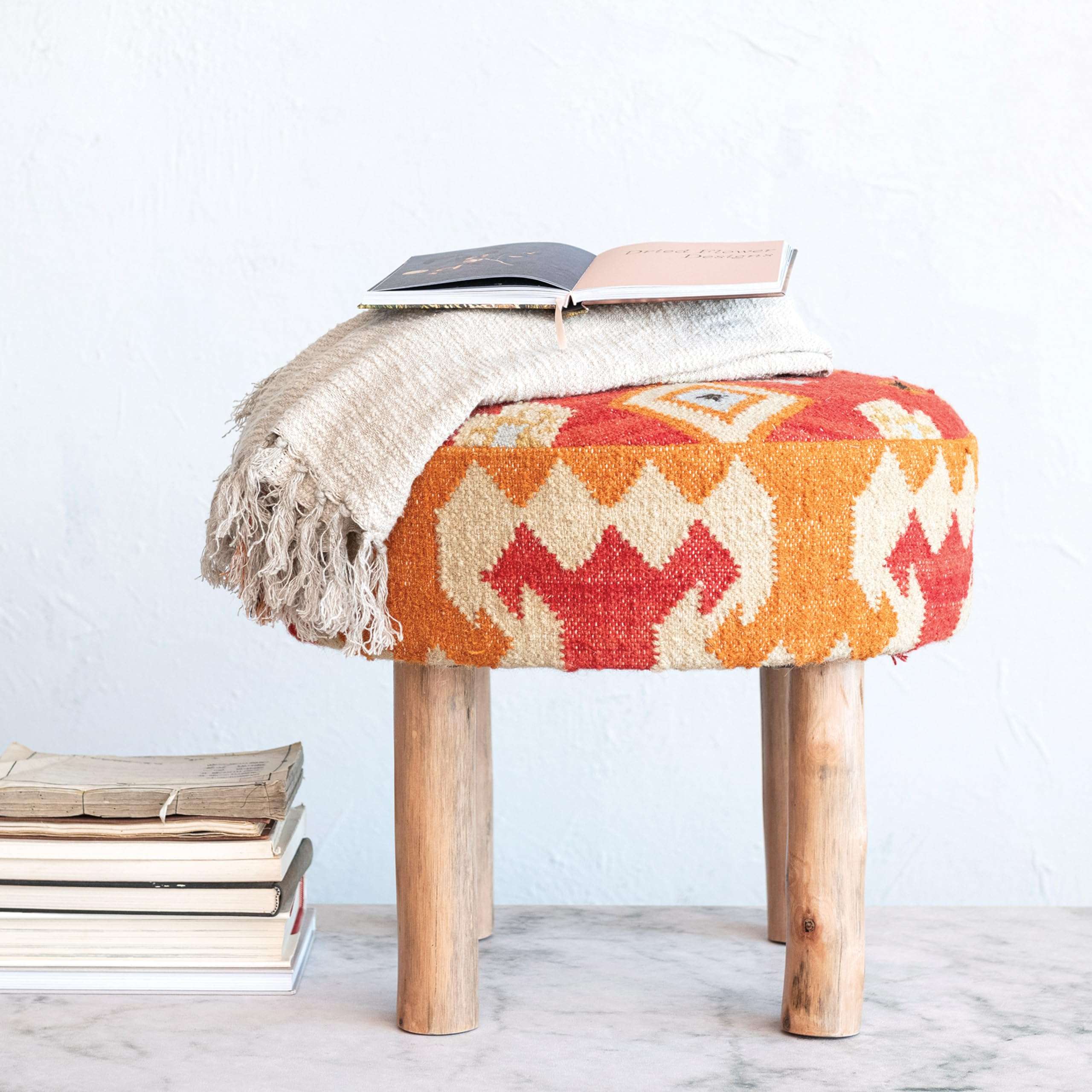 Creative Co-Op Round Cotton and Wool Kilim Stool with Wood Legs, Natural and Orange 6