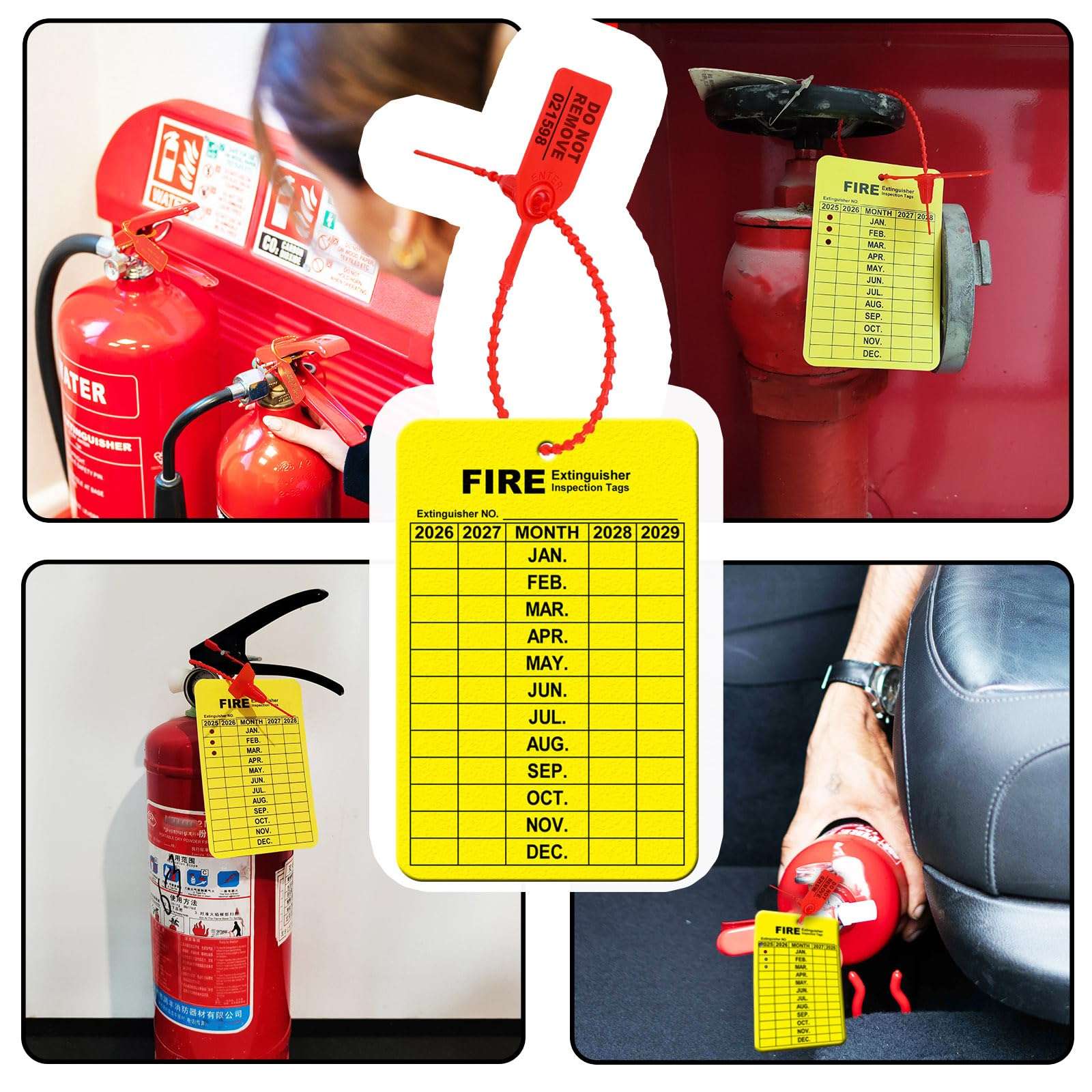 30 Sets Fire Extinguisher Tags Monthly Inspection Tear-Resistant Numbered Plastic Tamper-Evident Cable Ties Easy to Punch Includes Handheld Hole Puncher- Red 6