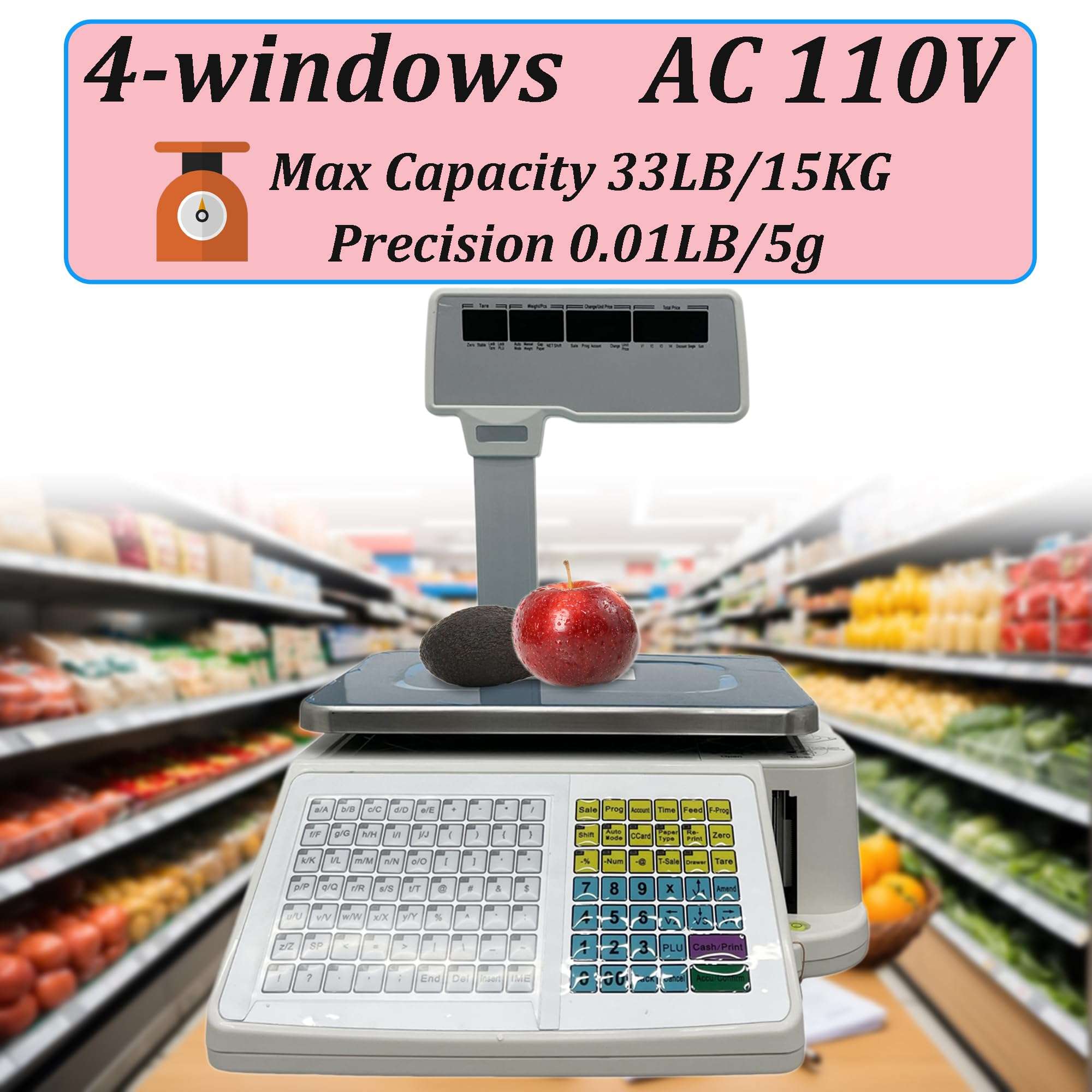 INTSUPERMAI Digital Price Computing Scale with Thermal Label Printer 30lbs Capacity Four-window with Pole Double-sided Supermarket Scale 4