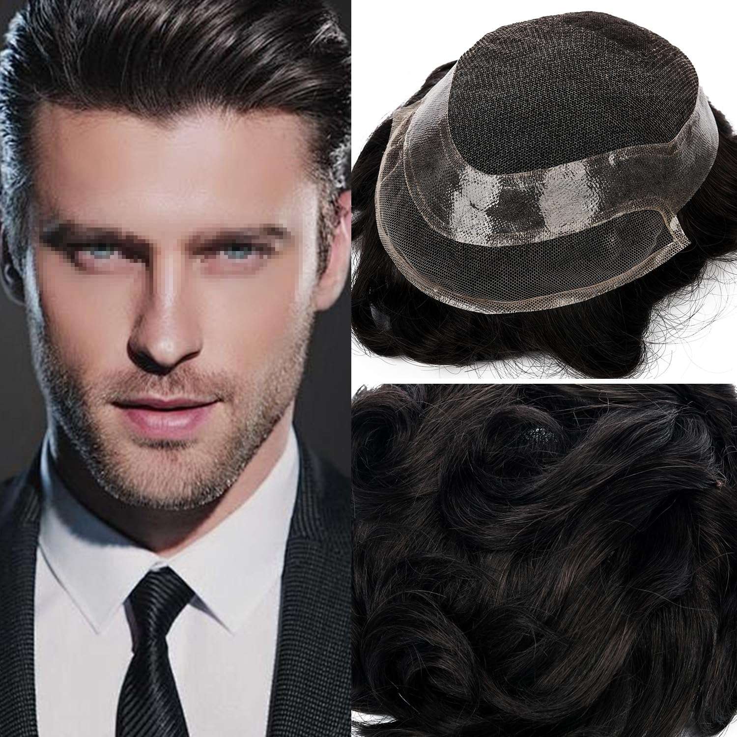 Toupee For Men Hair Replacement System Swiss lace Men Toupee European Human Hair HD Lace Hair System Poly Skin PU Around Men Hair Piece. (1B# Off Black, 6x8"-100% Light Med-Light Density) 1