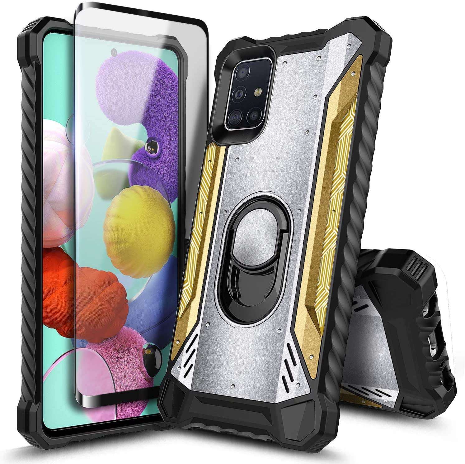 E-Began Case for Samsung Galaxy A71 5G Case with Tempered Glass Screen Protector [Not Fit A71 5G UW Verizon], Magnetic Metal Built-in Ring Holder Stand, Full-Body Protective Military Case -Silver/Gold 1