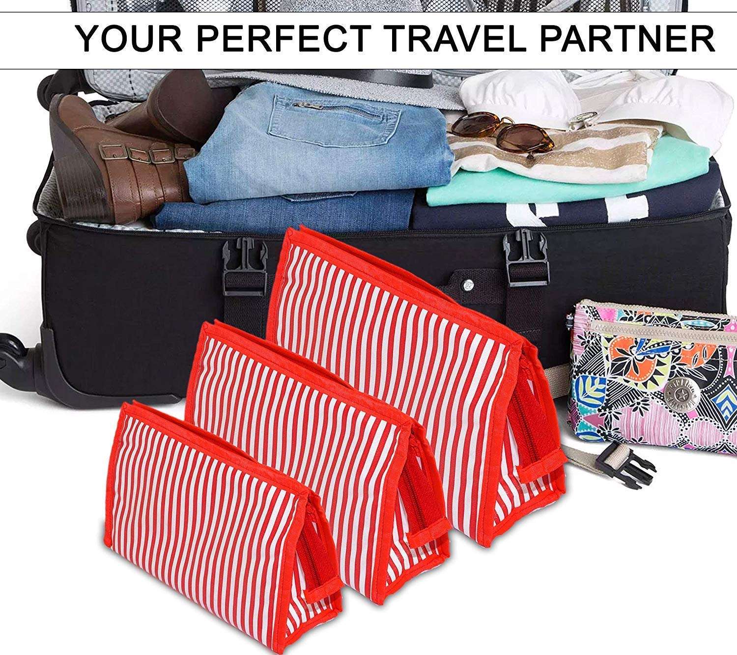 VIHAAN™ Multipurpose Makeup Cosmetic Shaving Toiletry Travel Kit Pouch Bag for Men and Women (red Stripes-Pack of 3) 5