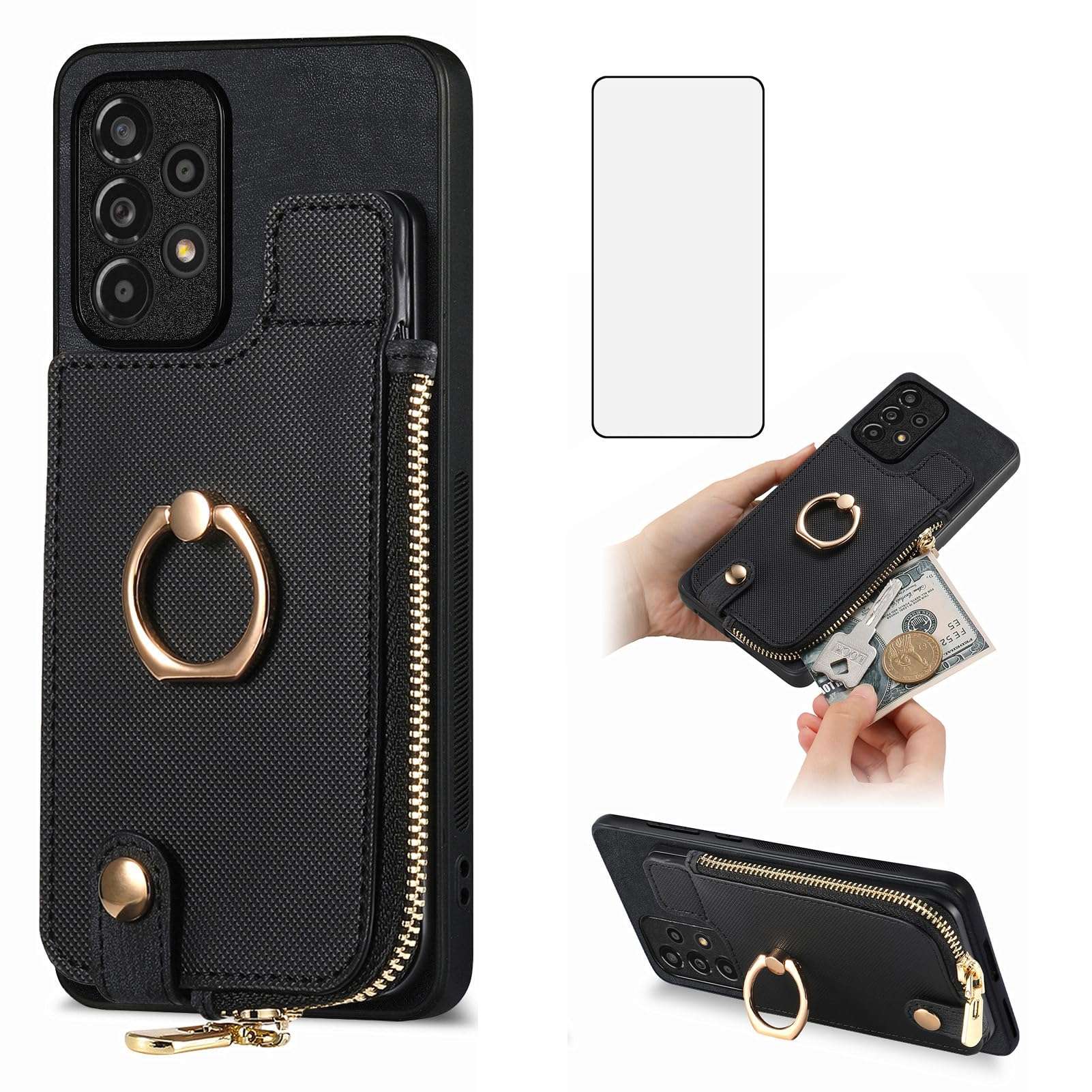 Asuwish Phone Case for Samsung Galaxy A53 5G Wallet Cell Cover with Tempered Glass Screen Protector Ring Stand Card Holder A 53 G5 53A SM A536U 6.5" 2022 Women Men Girls Black 1