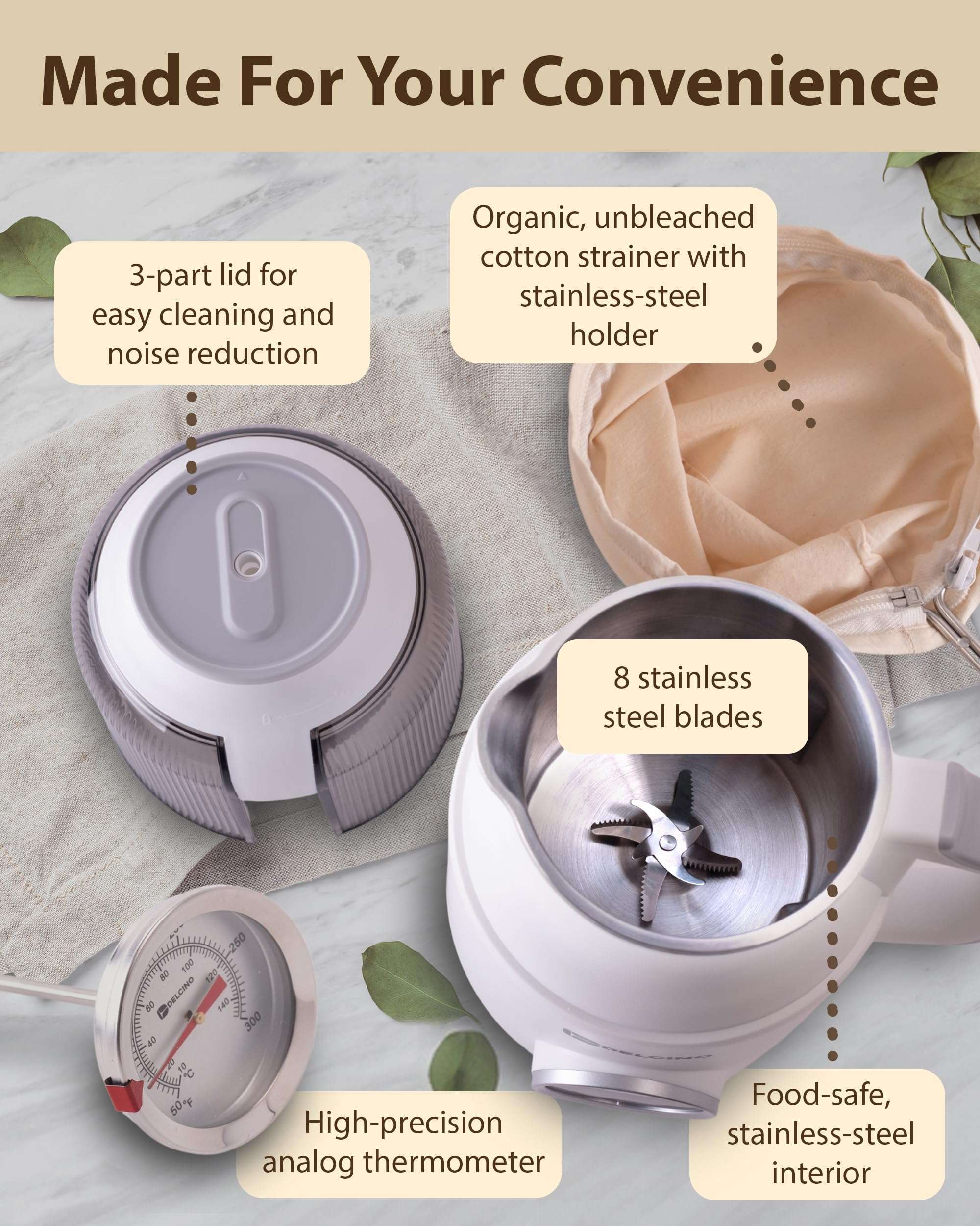 DELCINO Dairy Free Nut Milk Maker Machine & Yogurt Maker Machine - 27 Oz Homemade Oat Milk, Soy Milk, Almond Milk & More Plant Based Milk & Yogurt - Stainless Steel - With Strainer & Thermometer 6