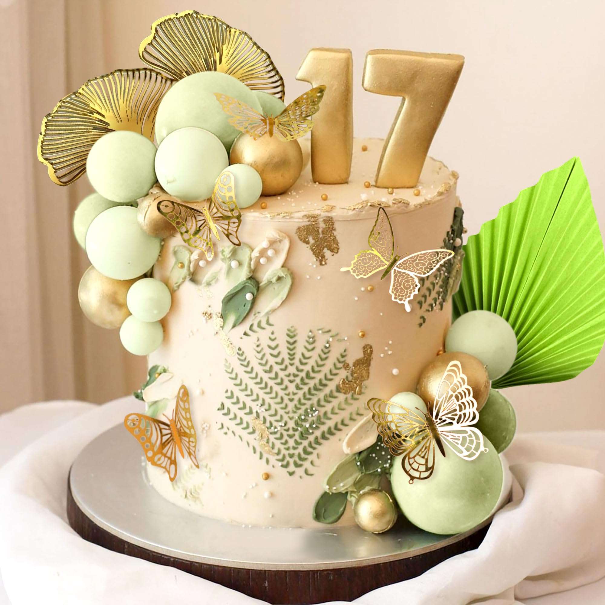 JeVenis Sage Green Rose Cake Decoration Balls Cake Decoration Gold Palm Leaves Cake Decoration Bohemian Cake Decoration Boho Cake Decoration White Gold Ball Cake Decoration Boho Party Supplies 6