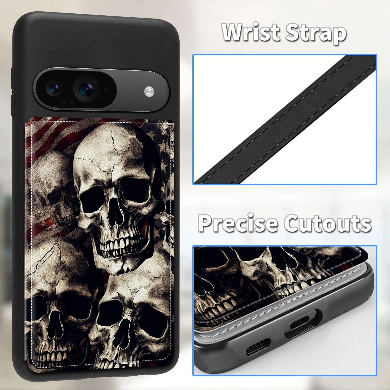 ACWDMKH for Google Pixel 9 Case Wallet with Card Holder&Wrist Strap,for Pixel 9 Case for Women Flip Leather Kickstand Card Slots Case,Double Magnetic Clasp Case Cover for Pixel 9,Skulls America Flag 4
