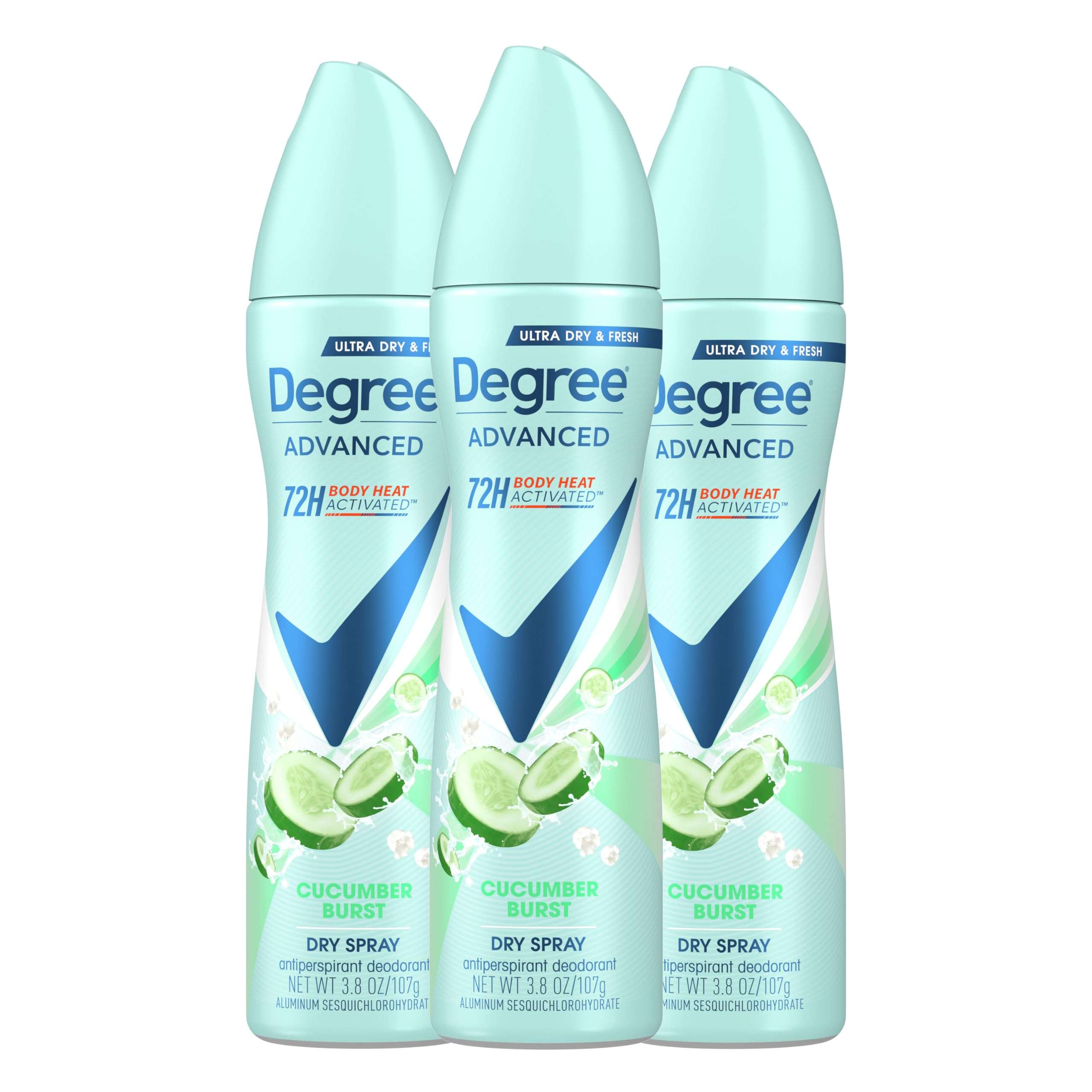 Degree Antiperspirant Deodorant Cucumber Burst 3 count Dry Spray 72-Hour Sweat & Odor Protection Deodorant Spray For Women With Body Heat Activated Technology​ 3.8 oz