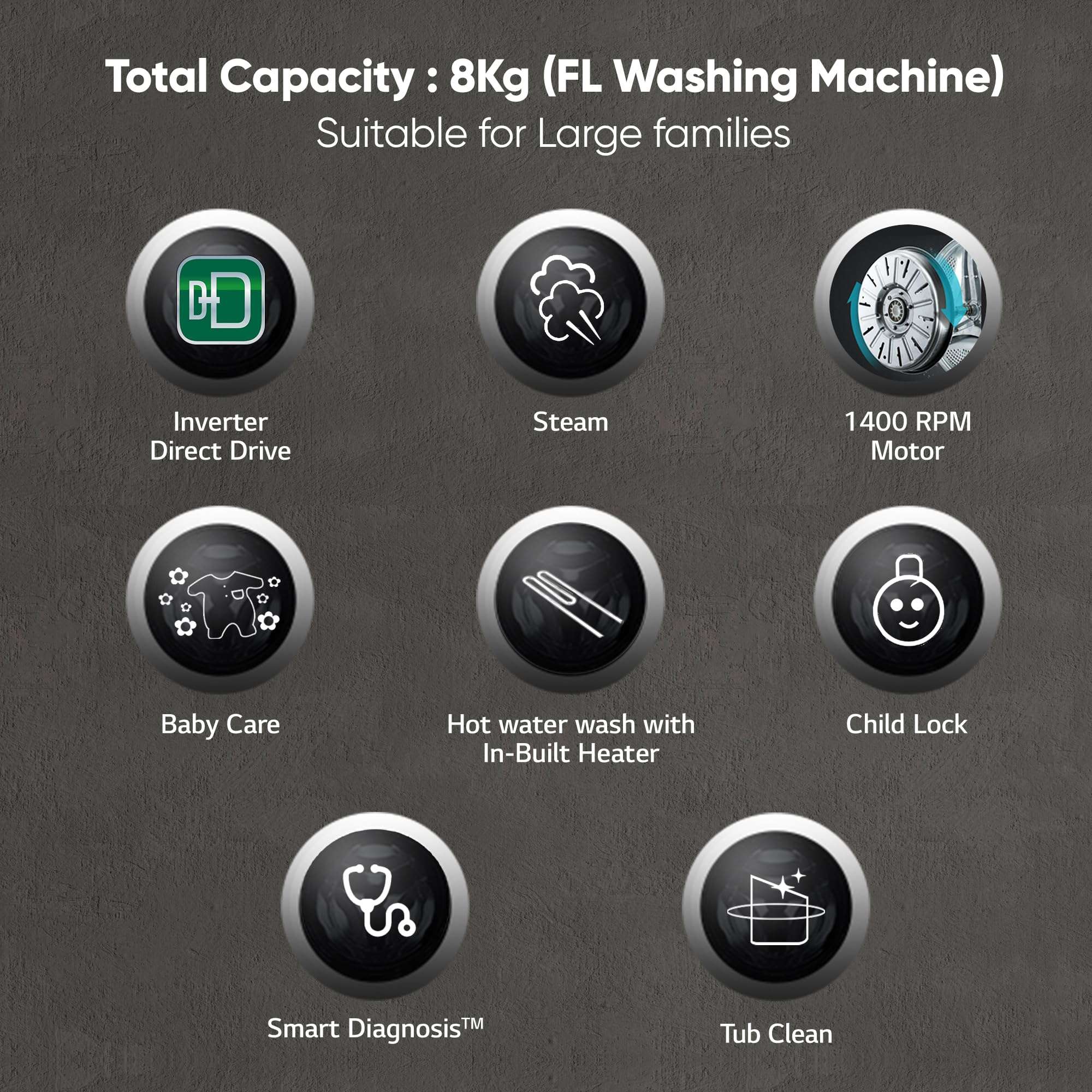 LG 8 Kg 5 Star Inverter Direct Drive Fully Automatic Front Load Washing Machine Appliance (FHM1408BDL, Steam, In-Built Heater, Touch Panel, Silver) 2