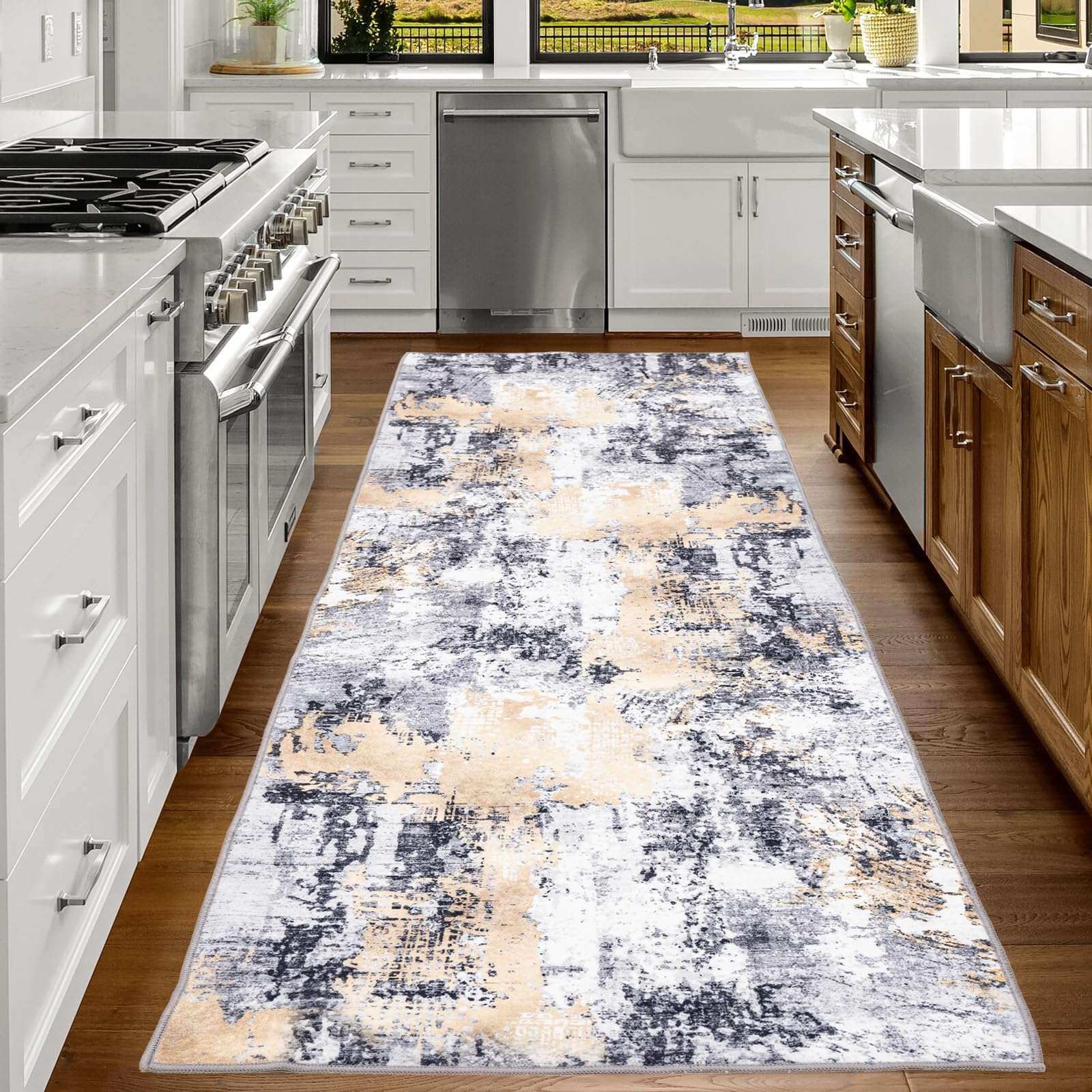 nusoarug 2x7 Runner Rug, 2' x 7' Modern Machine Washable Carpet Abstract Non-Slip Area Rugs with Rubber Backing for Bedroom Kitchen Entryway Living Room Bathroom, Yellow&Black 6