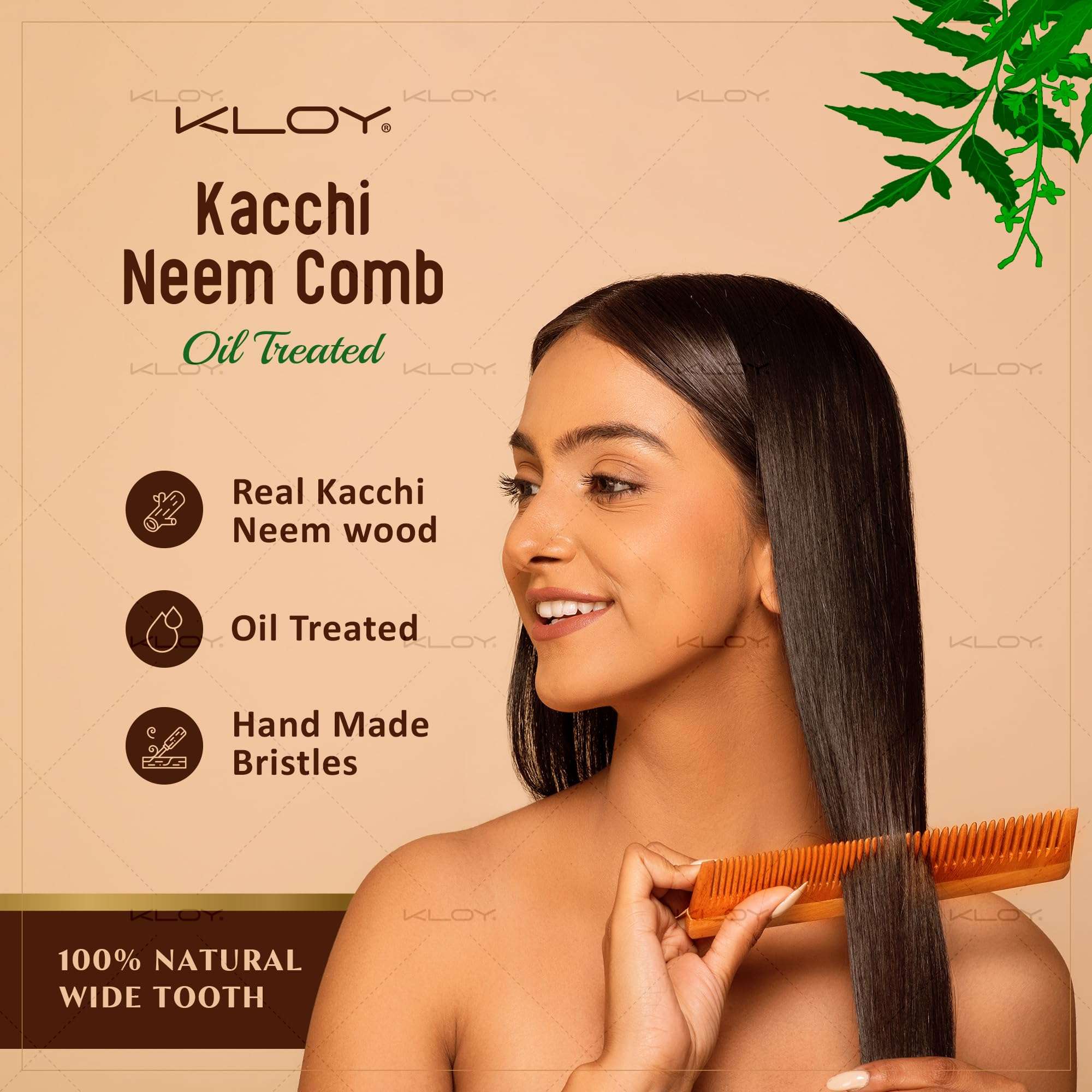 KLOY Oil Treated Kacchi Neem Comb, Treated with Neem Oil, Bhringraj & 15+ Herbs, Hair Growth, Anti Hairfall, Dandruff Control | Hair Straightening, Frizz Control Comb For Men, Women (Dual Tooth) 3