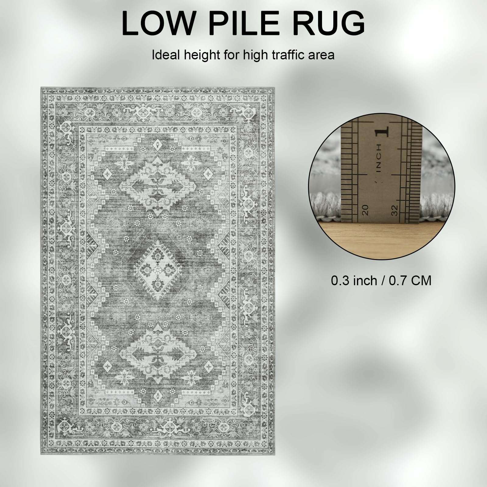 GUGUTEA 4x6 Area Rug Washable Boho Printed Rugs for Bedroom, Soft Living Room Carpet, Vintage Non-Slip Non-Shedding Faux Wool Indoor Throw Rug for Entryway Dining Room, Grey 2
