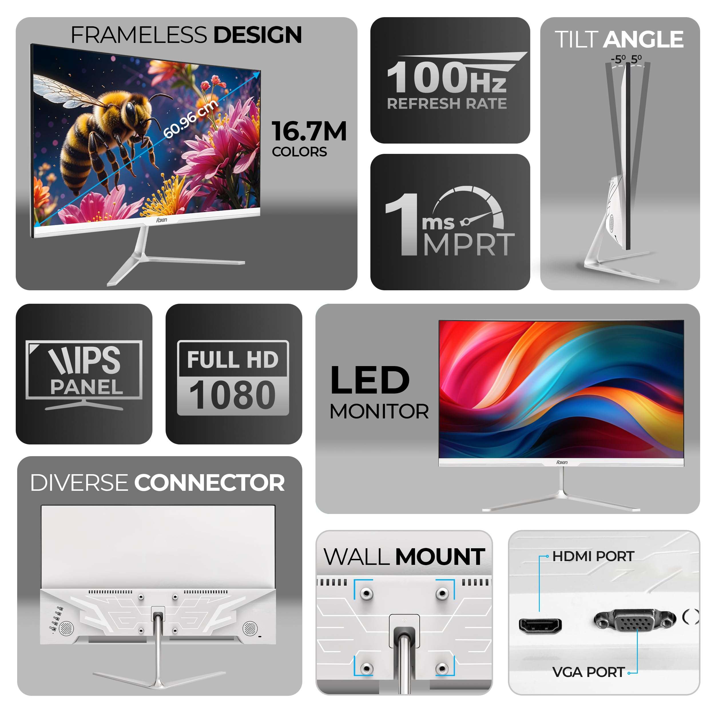 Foxin Elite 27 Inch FHD Flat LED Monitor, IPS Panel, 100Hz, 1ms, HDMI & VGA, sRGB, Anti-Glare, Flicker-Free, Frameless, Slim, Wall Mountable | White 3