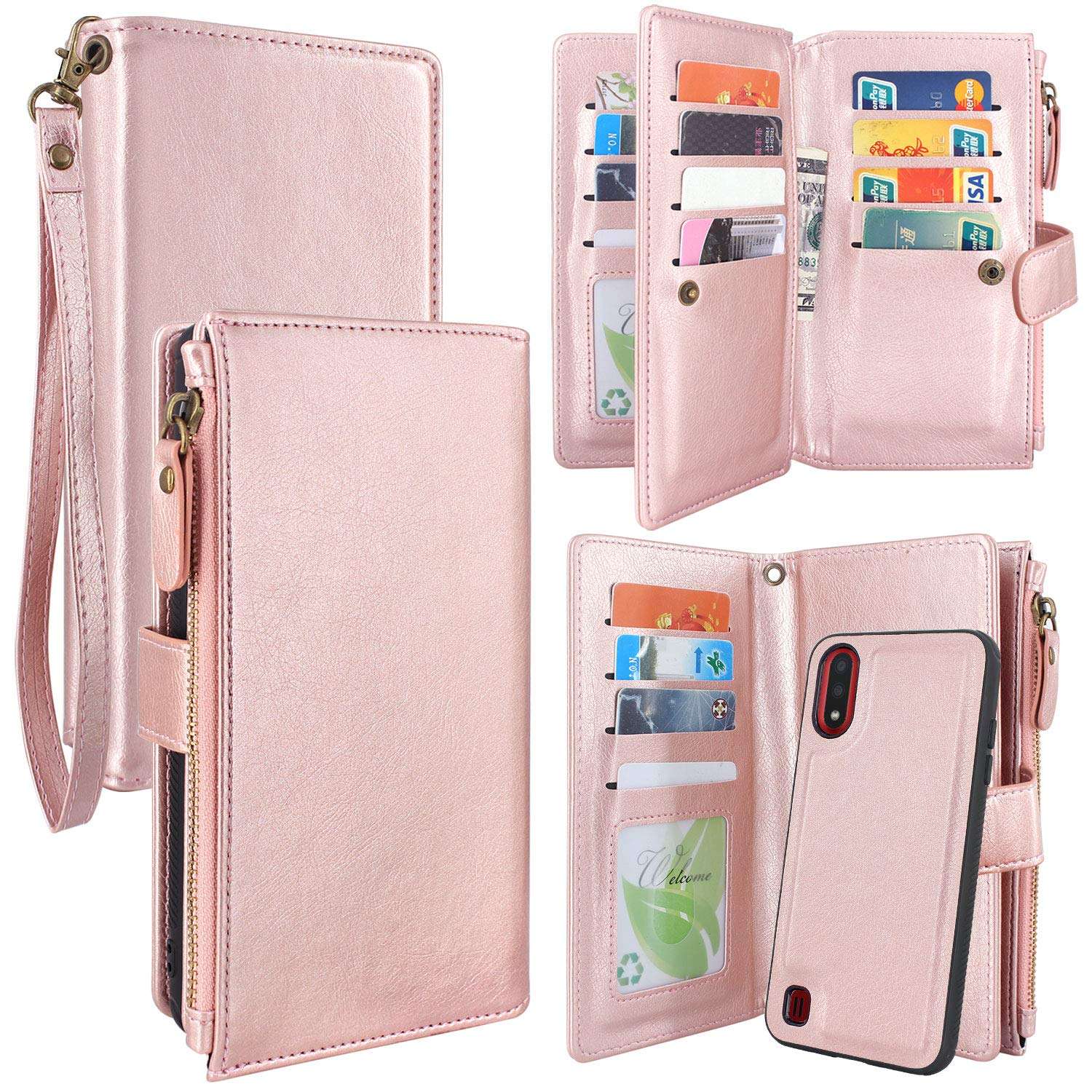 Harryshell Galaxy A01 Case, Detachable Magnetic Zipper Wallet Leather Case Cash Pocket with 12 Card Slots Holder Wrist Strap for Samsung Galaxy A01 (Rose Gold) 1