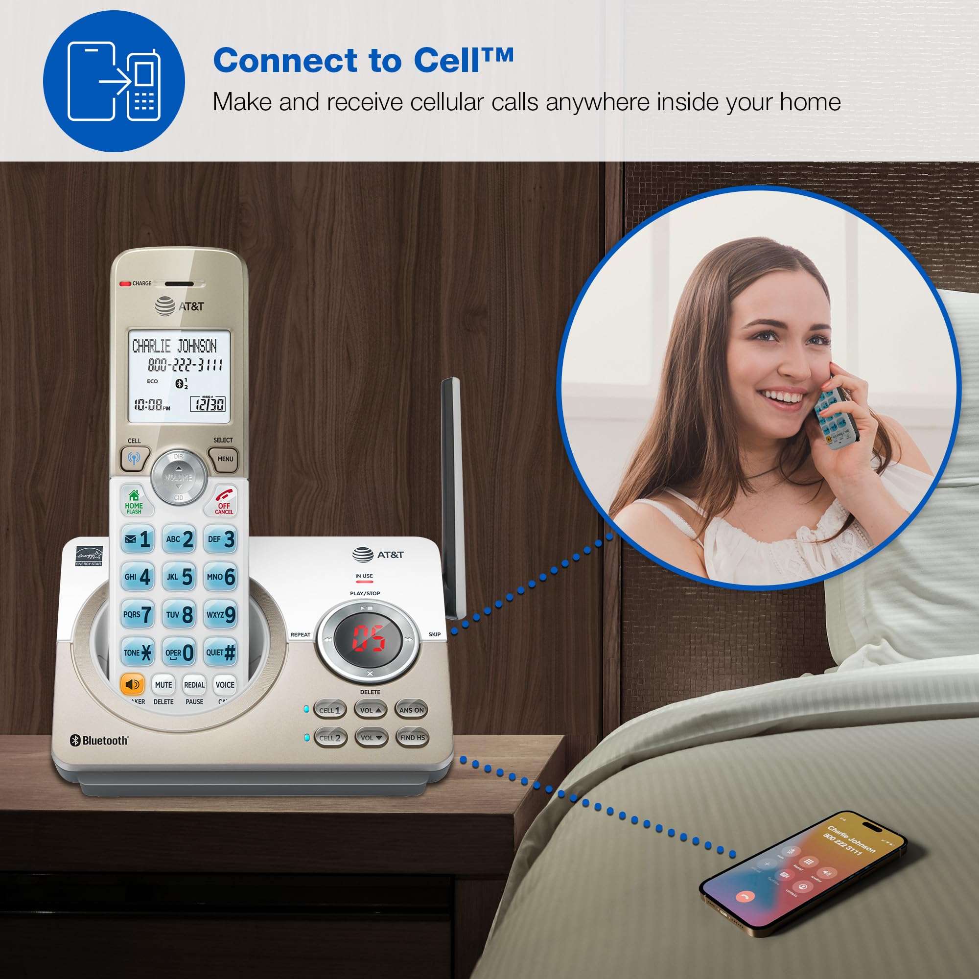 AT&T DL72119 DECT 6.0 Cordless Phone for Home with Bluetooth Connect to Cell, Call Blocking, 1.8" Backlit Screen, Big Buttons, intercom, and Unsurpassed Range 4
