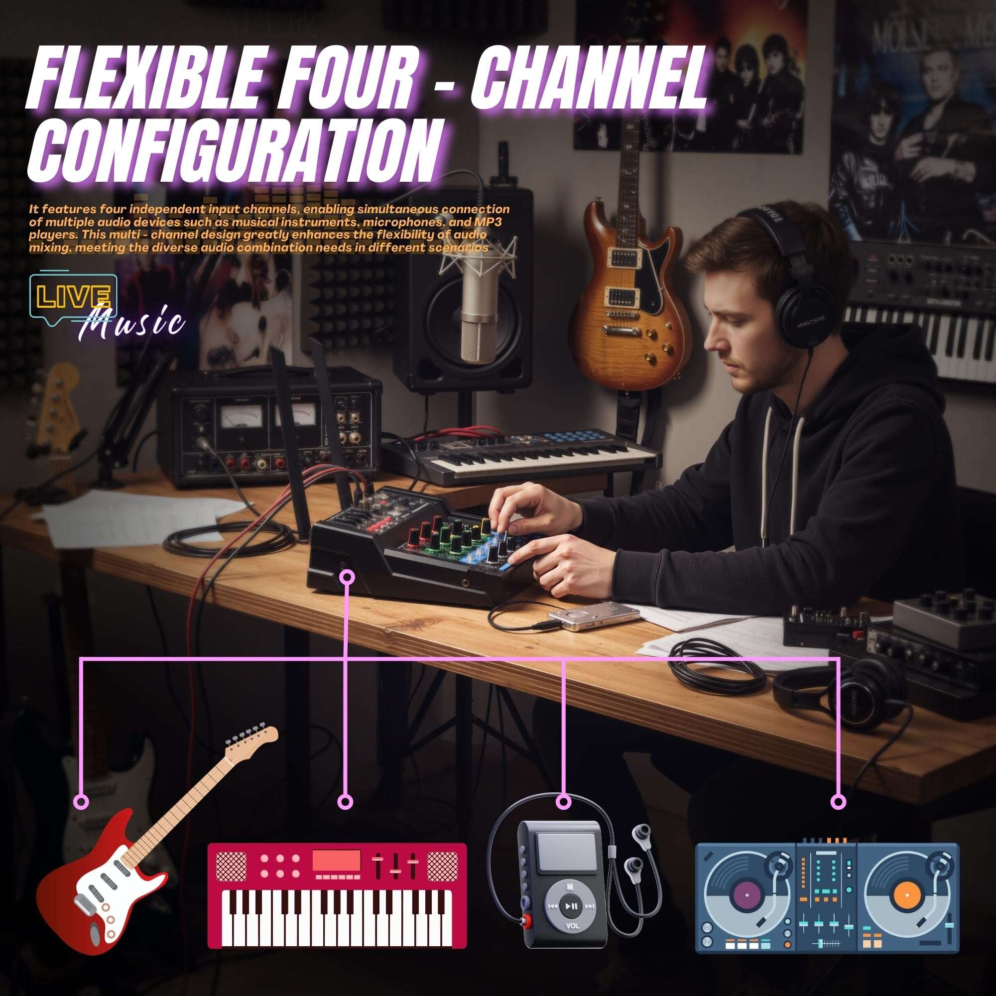 150W x2 Powered Amplifier Audio Mixer, 4 Channel Karaoke Mixer Sound Board with Dual Rechargeable Wireless Microphones, 48V Phantom Power, USB/Bluetooth/Type-C Audio, TV/PC/Phone/MP3 Stereo DJ Mixer 4