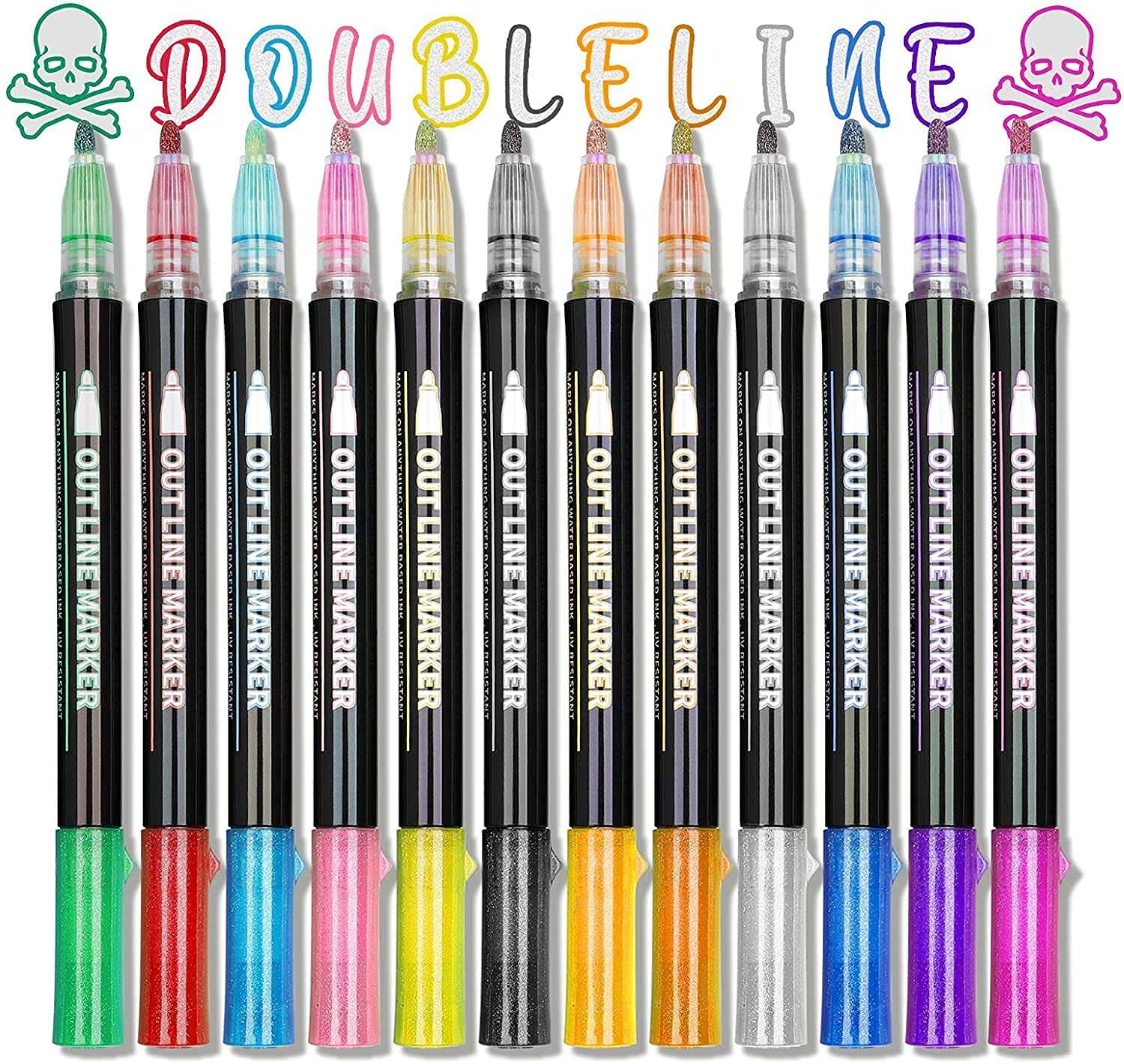 Trusmile Double Line Outline Pens, Shimmer, Self Outline Metallic Pens for Greeting Cards/Drawing/Craft Projects/Posters/Painting/Kid and Self Journal (12 Colors) 1