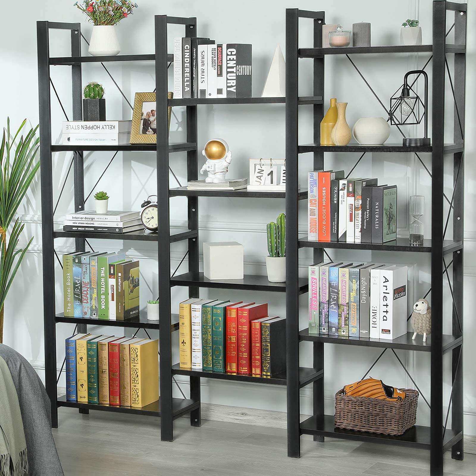 SEDETA Triple Wide 5-Shelf Bookcase, Industrial Vintage Style Bookshelves, Wood and Metal Bookshelf, Large Open Book Shelf Furniture Shelves for Home Office, Black 1