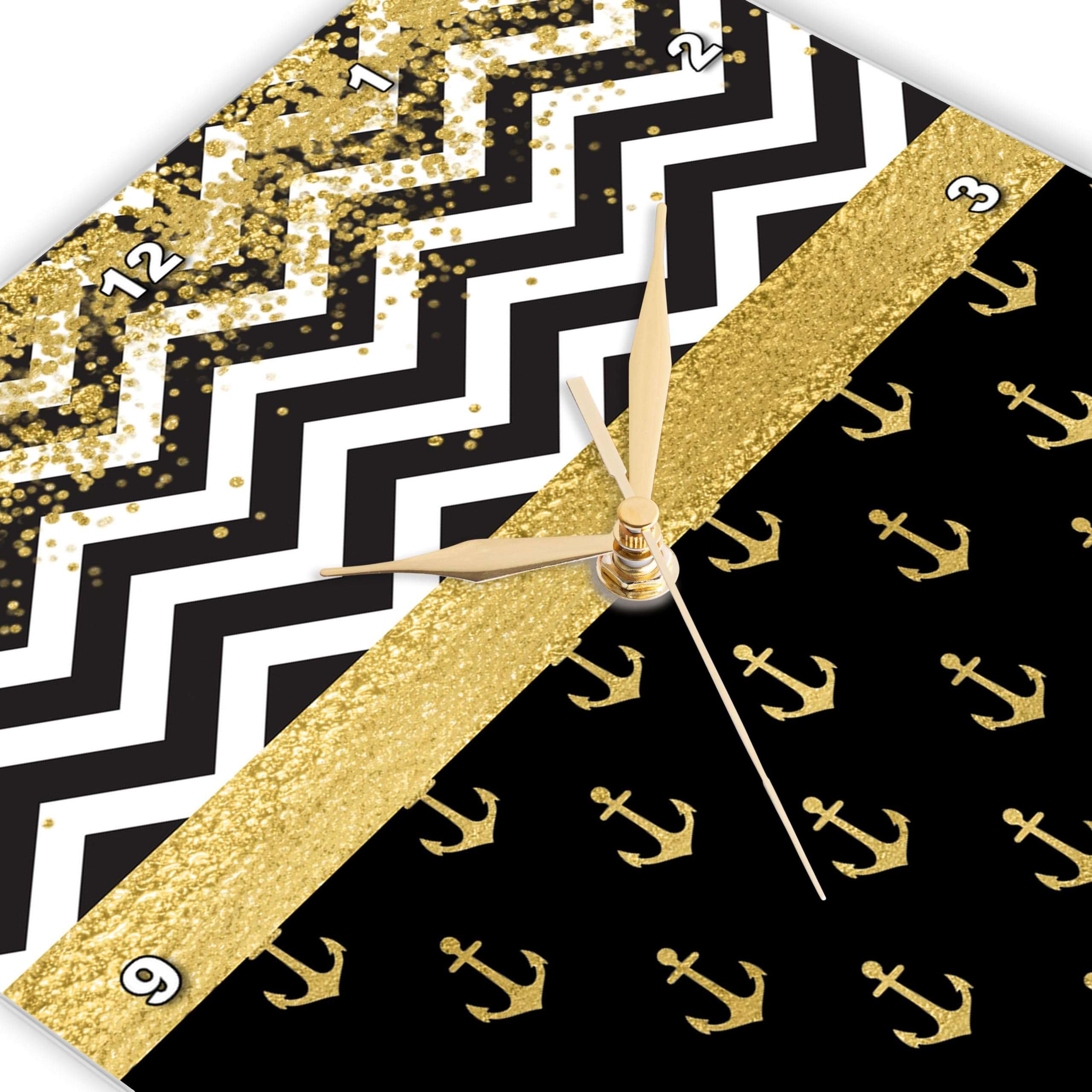 3dRose Wall Clock Silent - 10 inch - Image of Glam Black, White, Gold Faux Glitter Chevron Stripes, Sailing Anchors - Patterns 3