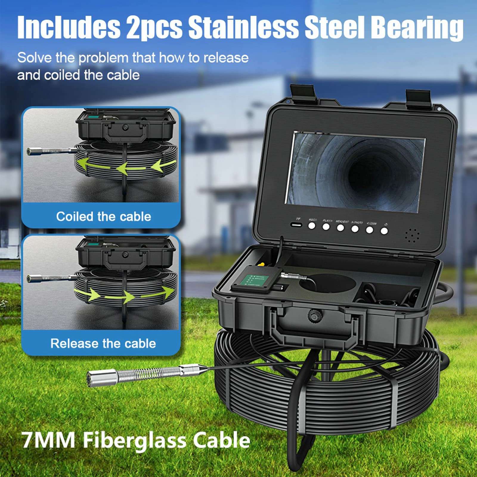 BAIYITONGDA Self Leveling Sewer Camera, Hardest Fiberglass Cable 0.28"/7mm, Self Leveling, 512 Hz Transmitter, IP68 Waterproof Pipe Drain Camera, 1080P 10.1'' IPS, DVR Recorder,20M 5