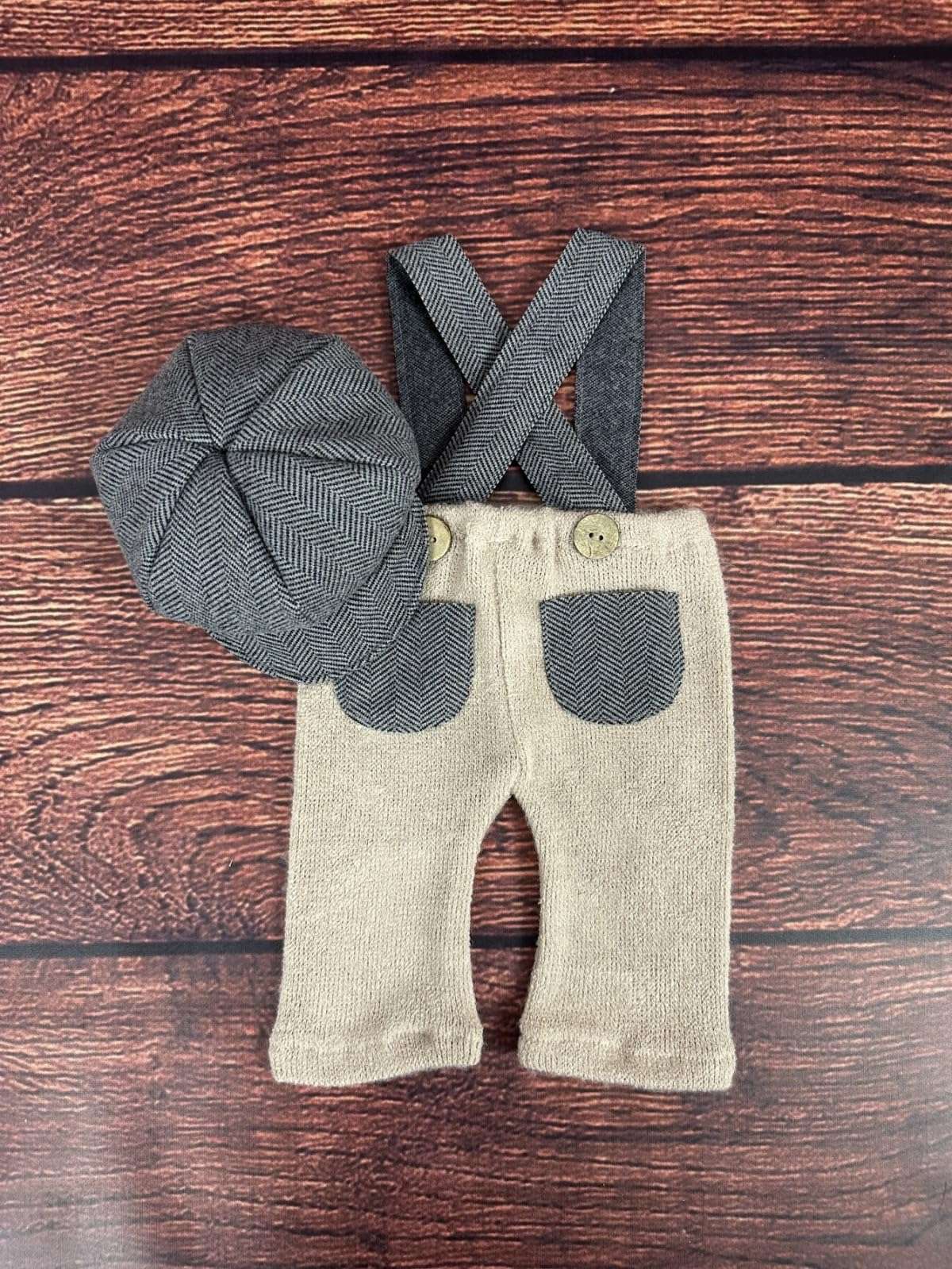 Vomdrok Newborn Photography Props: Grey Gentleman Suit with Hat & Suspender Pants - Unisex, Newborn (0-3 months) - Perfect for Baby Photography, Gifts 3