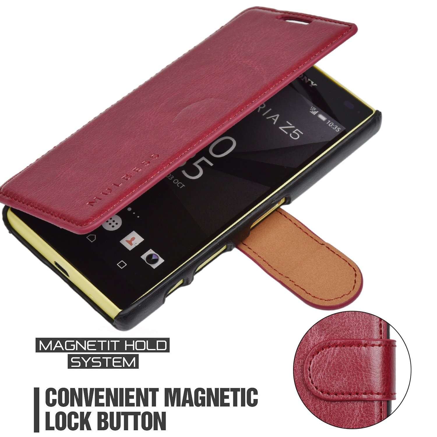 Mulbess Layered Sony Xperia Z5 Compact Leather Case，Flip Phone Case Wallet with Magnetic Clasp for Sony Xperia Z5 Compact Cover, Wine Red 4