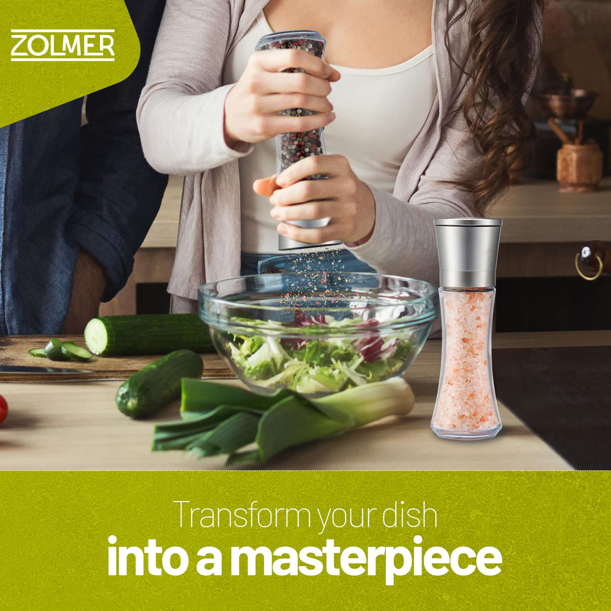 ZOLMER® Spice mill set of 2 with adjustable ceramic grinder - Noble salt mill & pepper mill made of stainless steel - Also as a chili mill [without spice content] 3