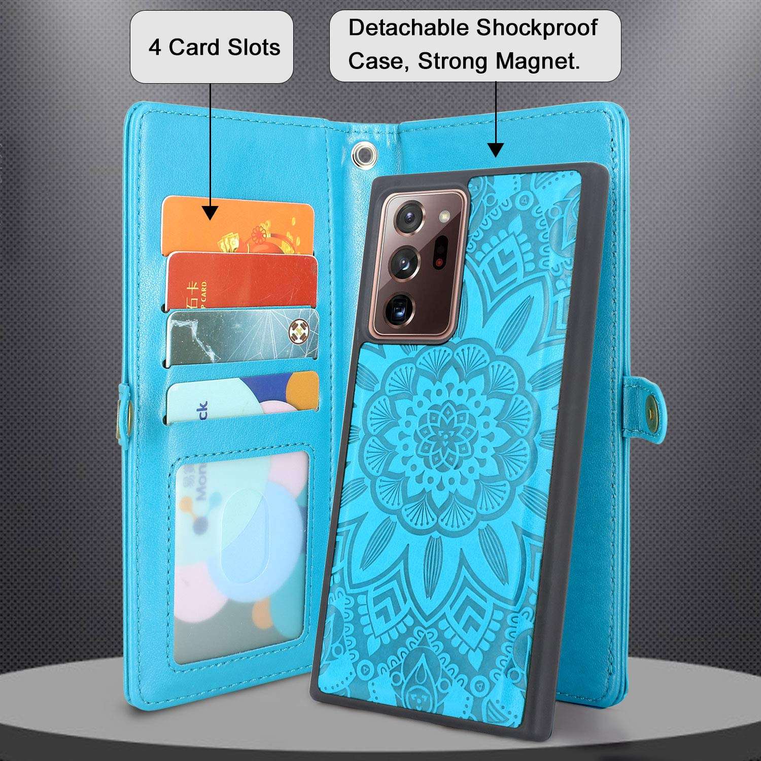 Harryshell Detachable Magnetic 12 Card Slots Wallet Case PU Leather Flip Protective Cover Wrist Strap for Samsung Galaxy Note 20 Ultra 5G 6.9 inch (2020) (Not Fit Note 20 6.7 inch) (Flower Blue) 2