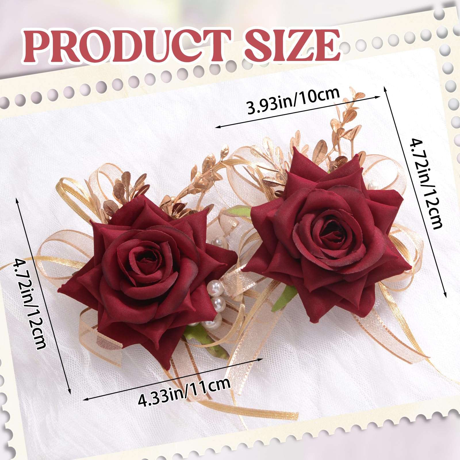 URROMA Wrist Corsage Boutonniere Set, 2Pcs Red Rose and Yellow Ribbon Artificial Corsage Flower Bracelet Prom Party Homecoming Wristband Flowers 3