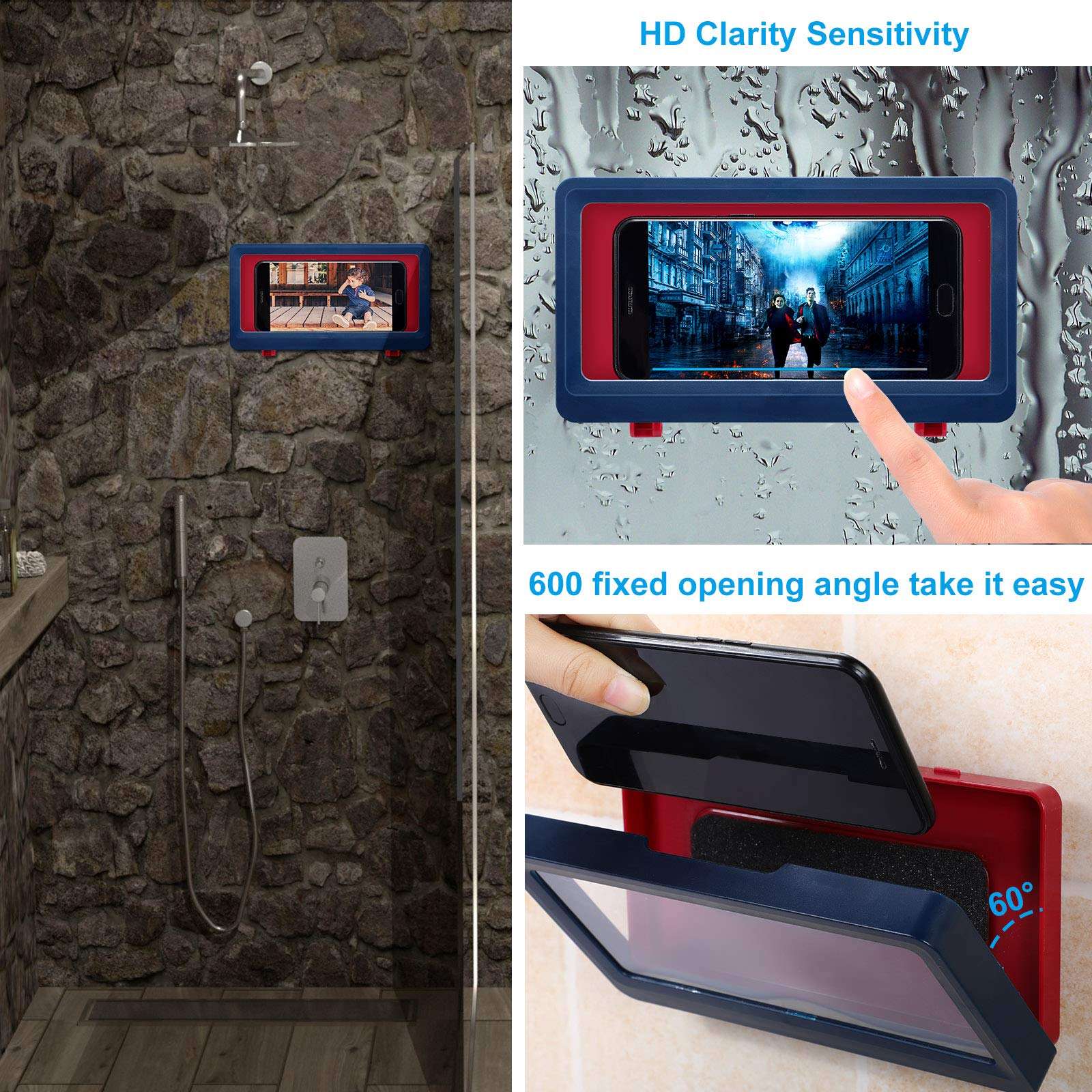 2 Pieces Waterproof Wall Mount Shower Phone Holder Bathroom Phone Storage Case Shelf Adhesive Shower Phone Box for Bathroom Mirror Bathtub Kitchen, Blue and White 3